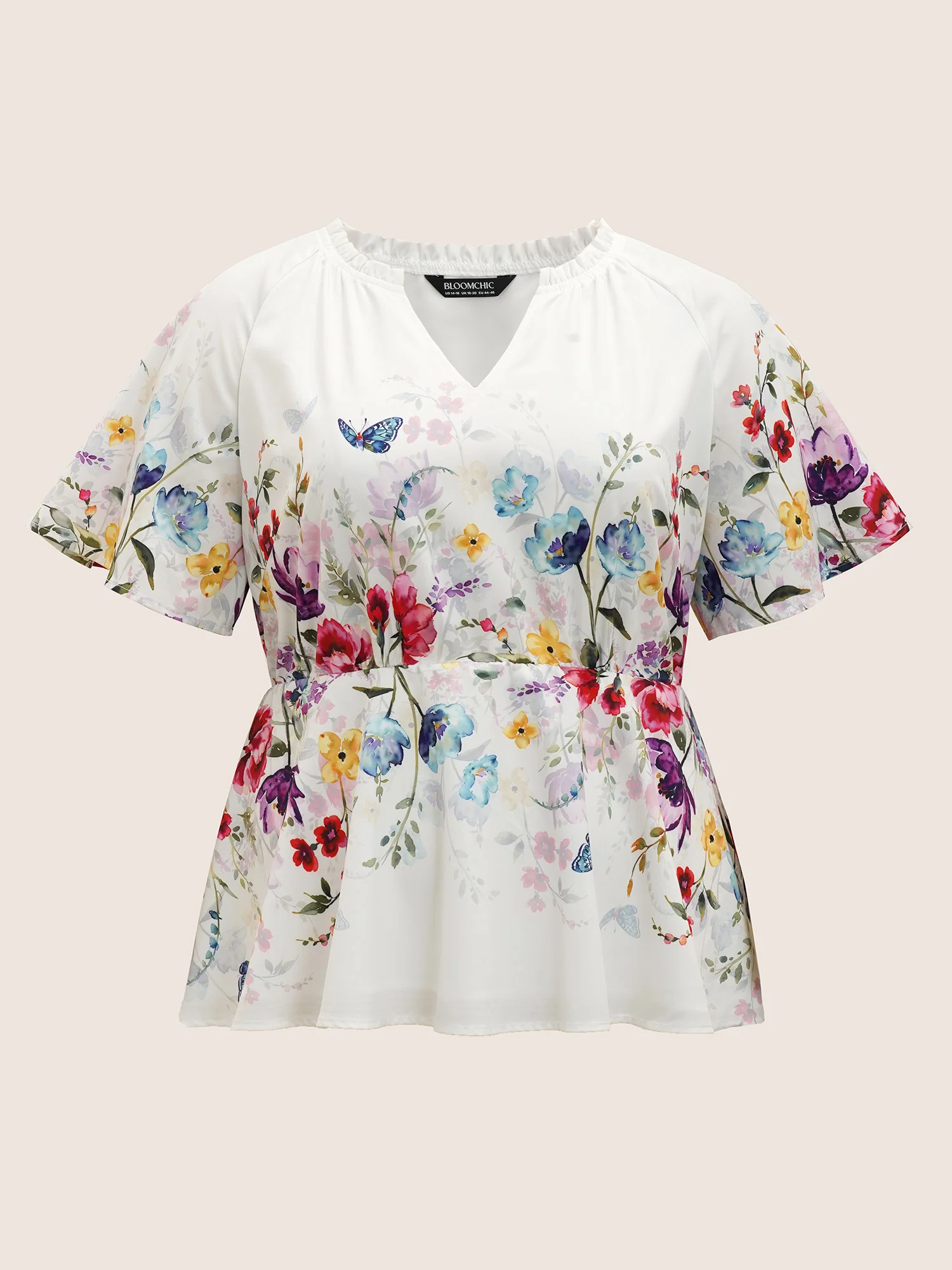 Floral Flat Collar With V Notch Frill Trim Blouse - Image 7