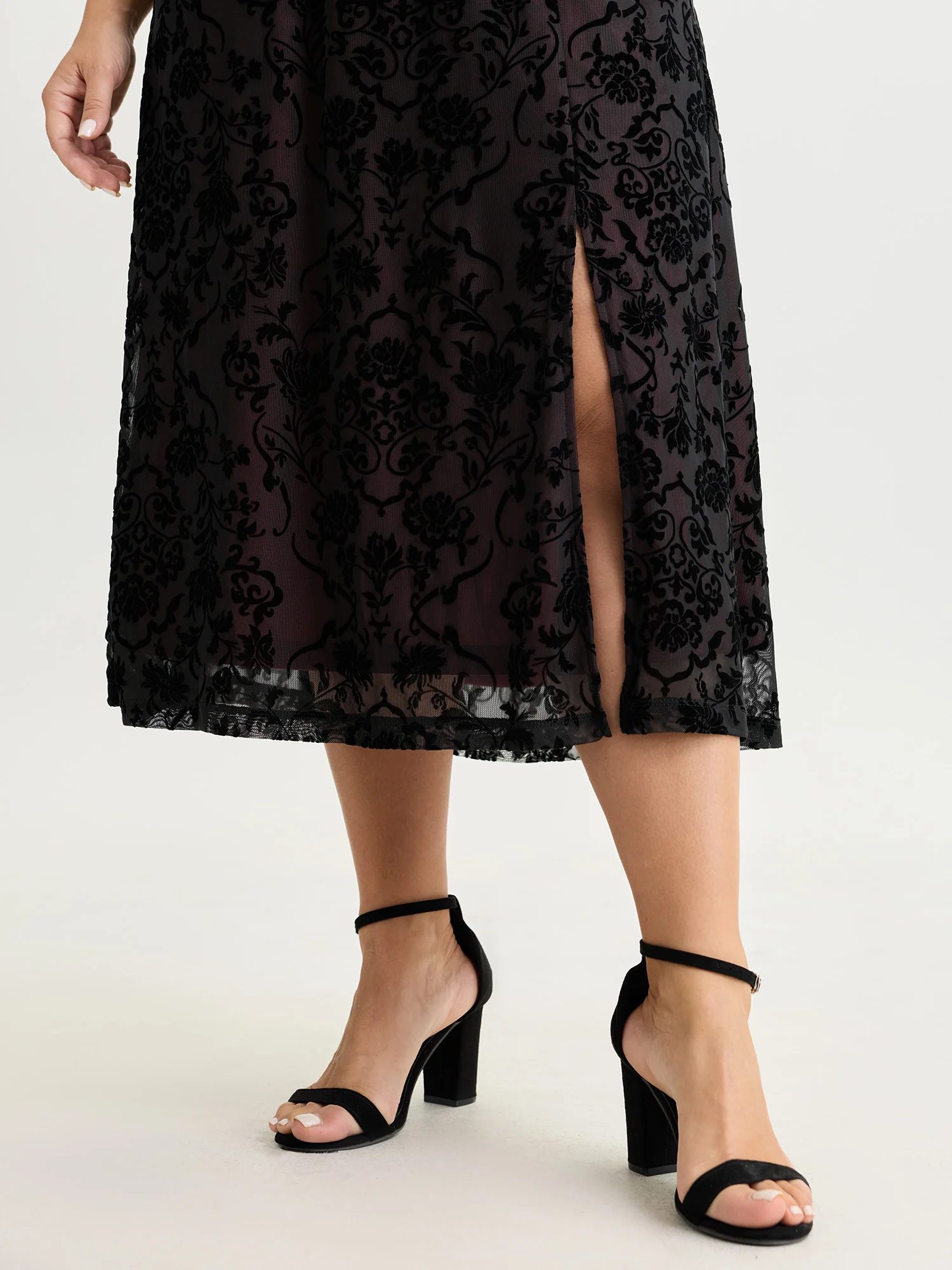 Floral Flocked Cami Plain Midi Dress - Image 3