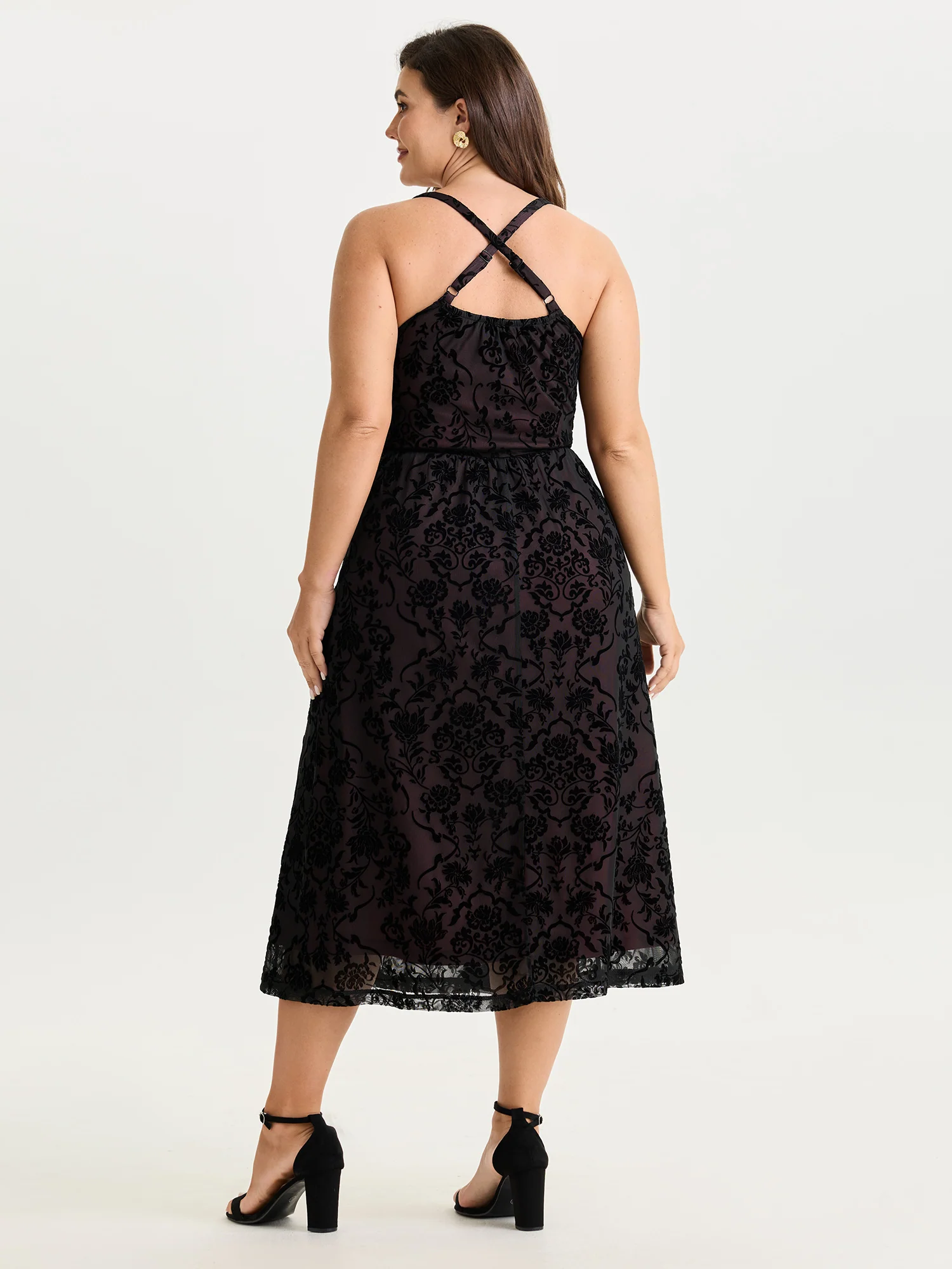 Floral Flocked Cami Plain Midi Dress - Image 4
