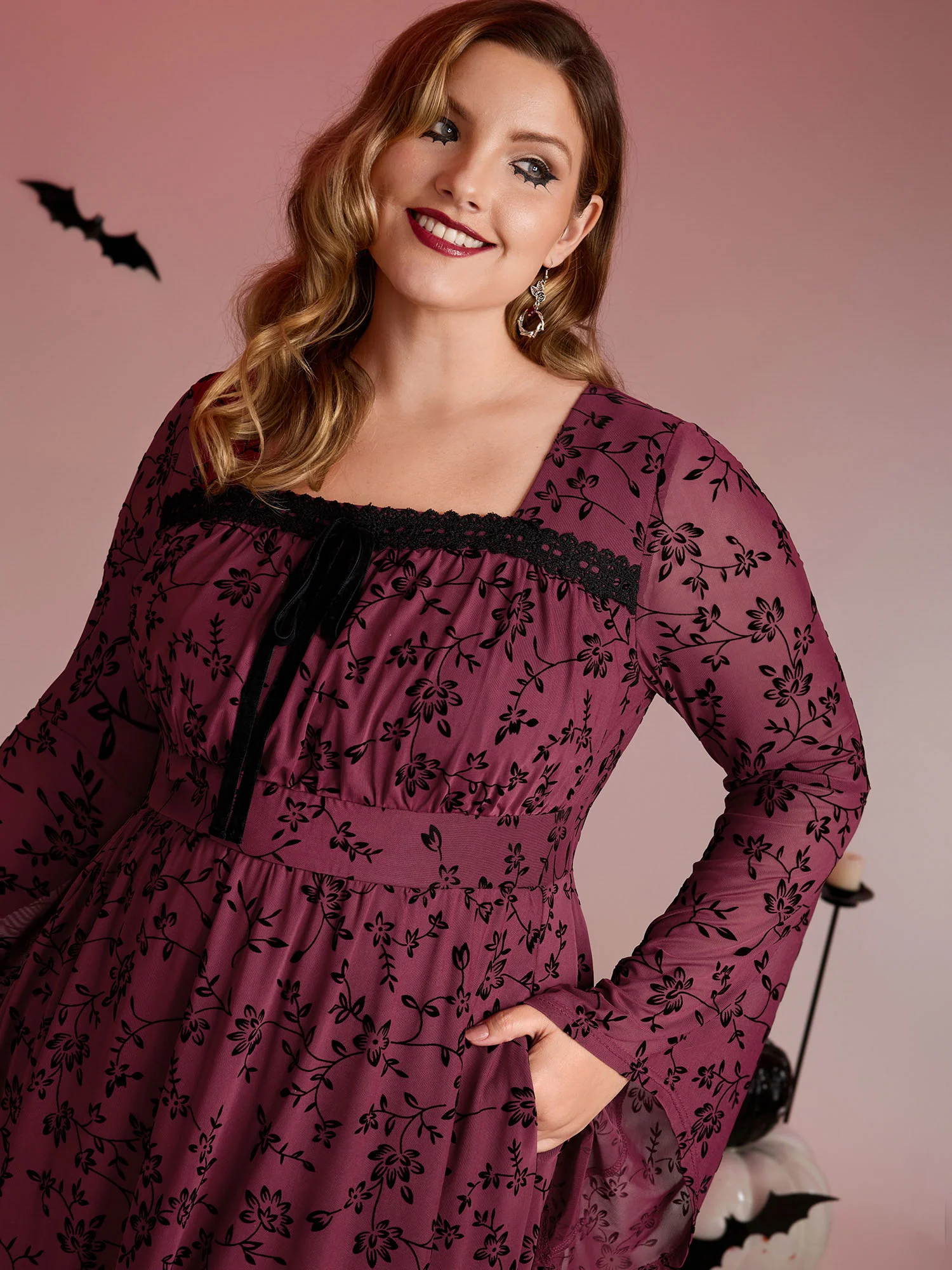 Floral Flocked Lace Cinched-Waist Midi Dress - Image 2