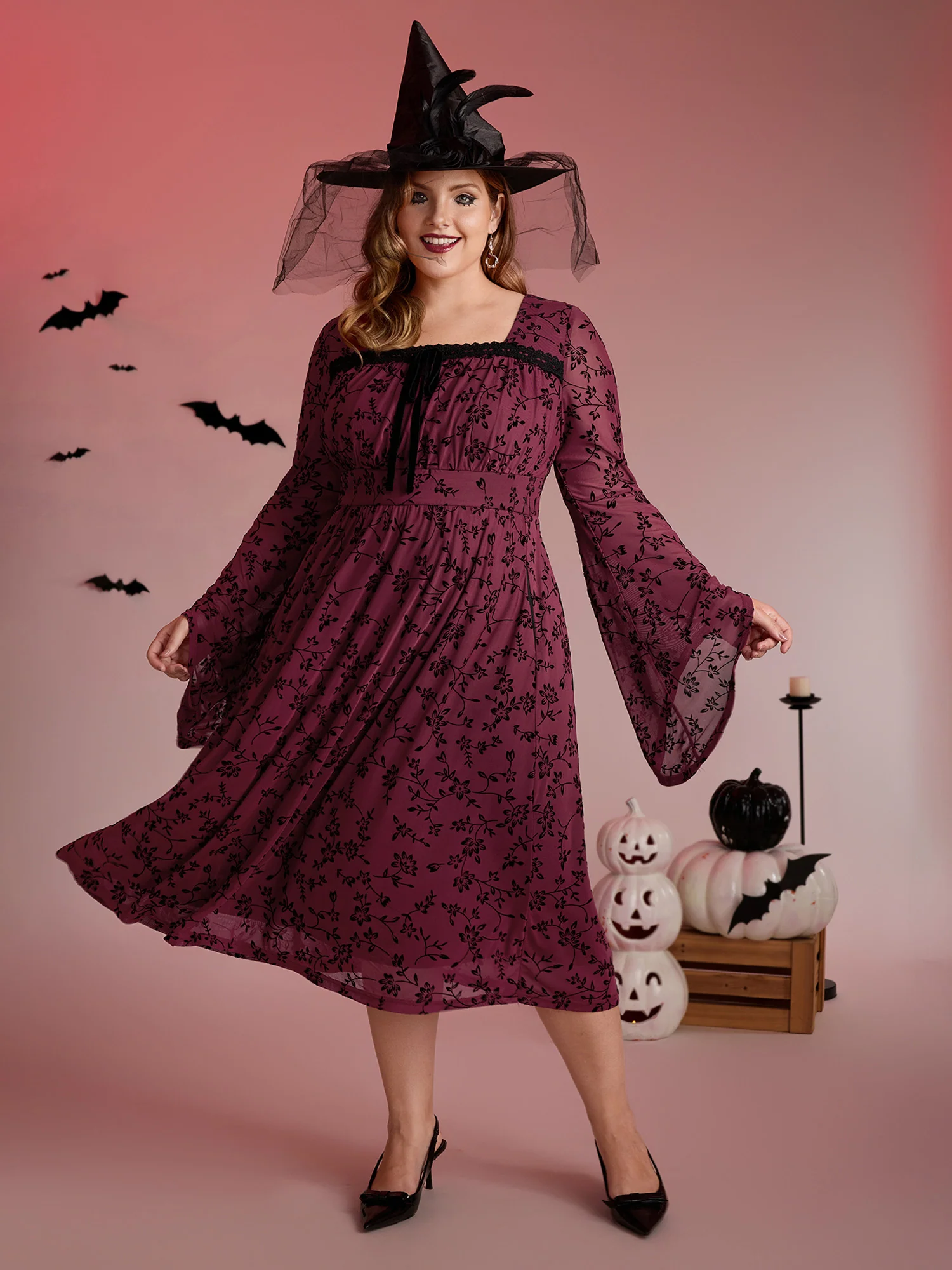 Floral Flocked Lace Cinched-Waist Midi Dress - Image 3