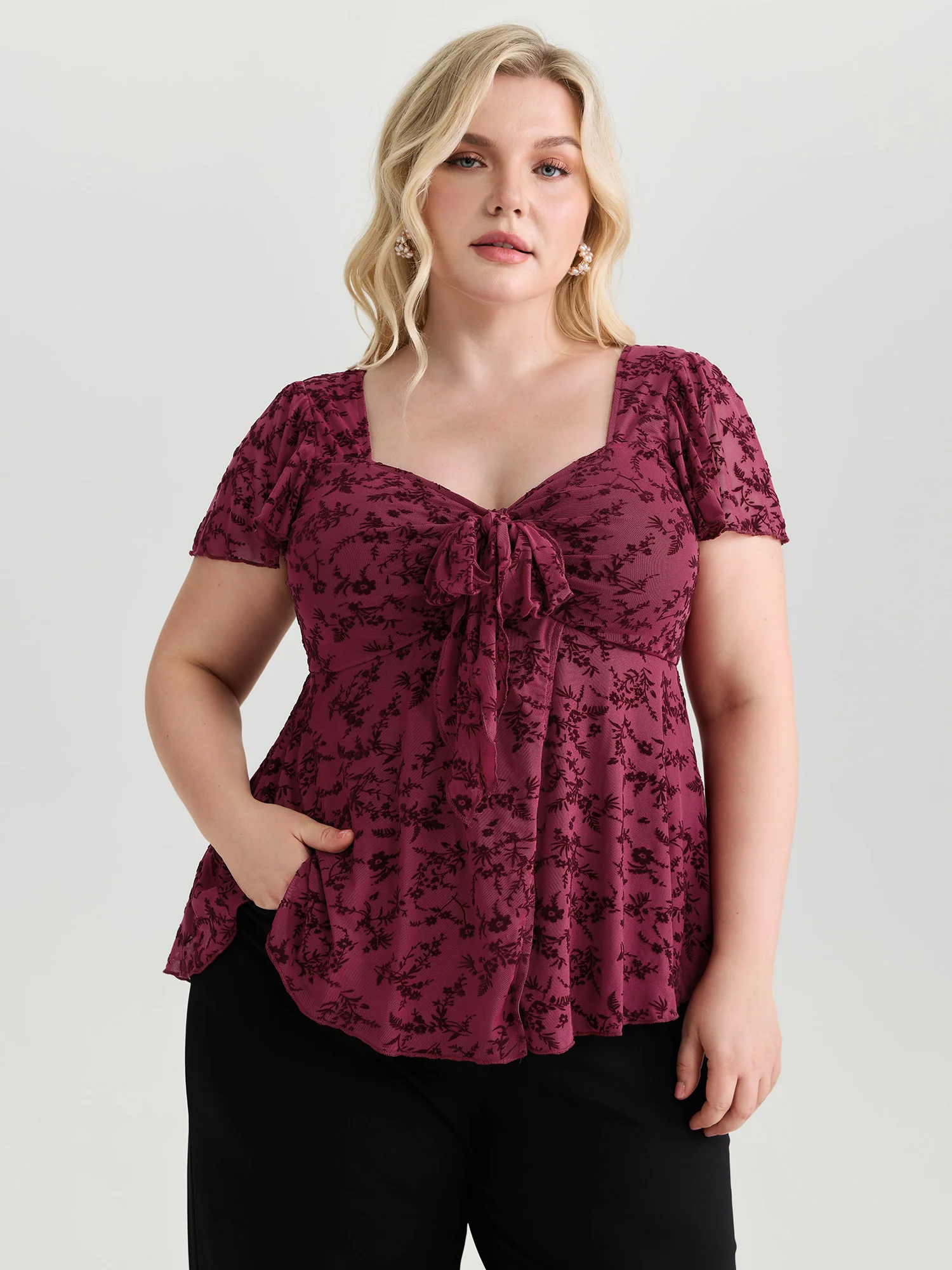 Floral Flocked Mesh Knotted Front Top