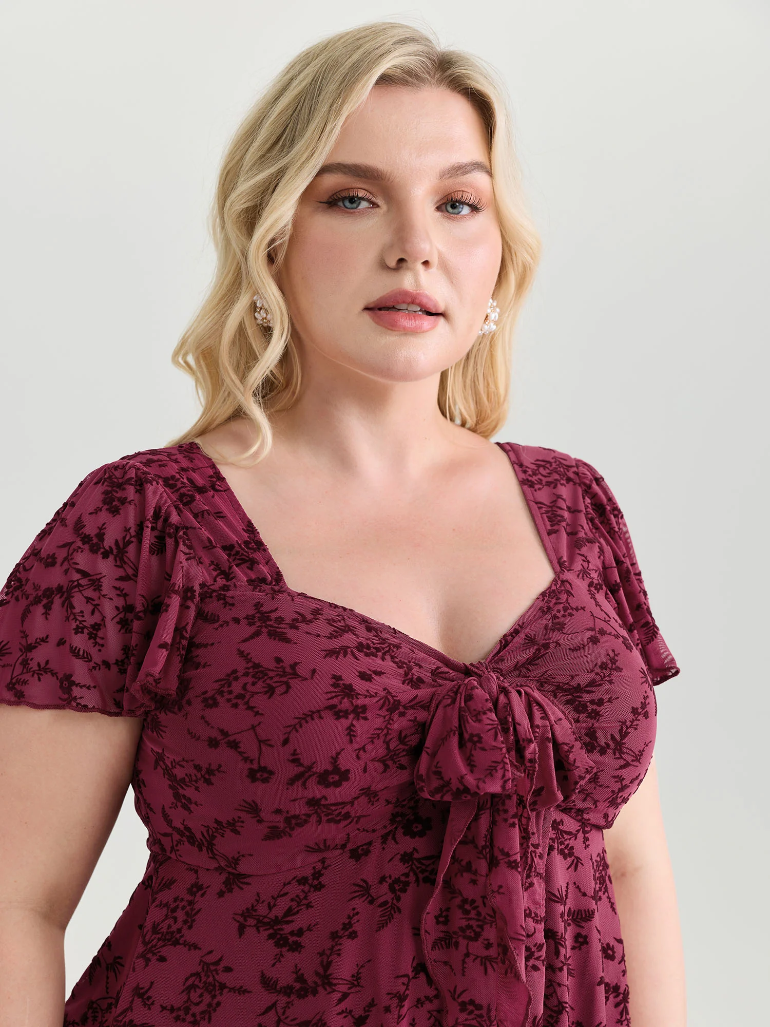 Floral Flocked Mesh Knotted Front Top - Image 2