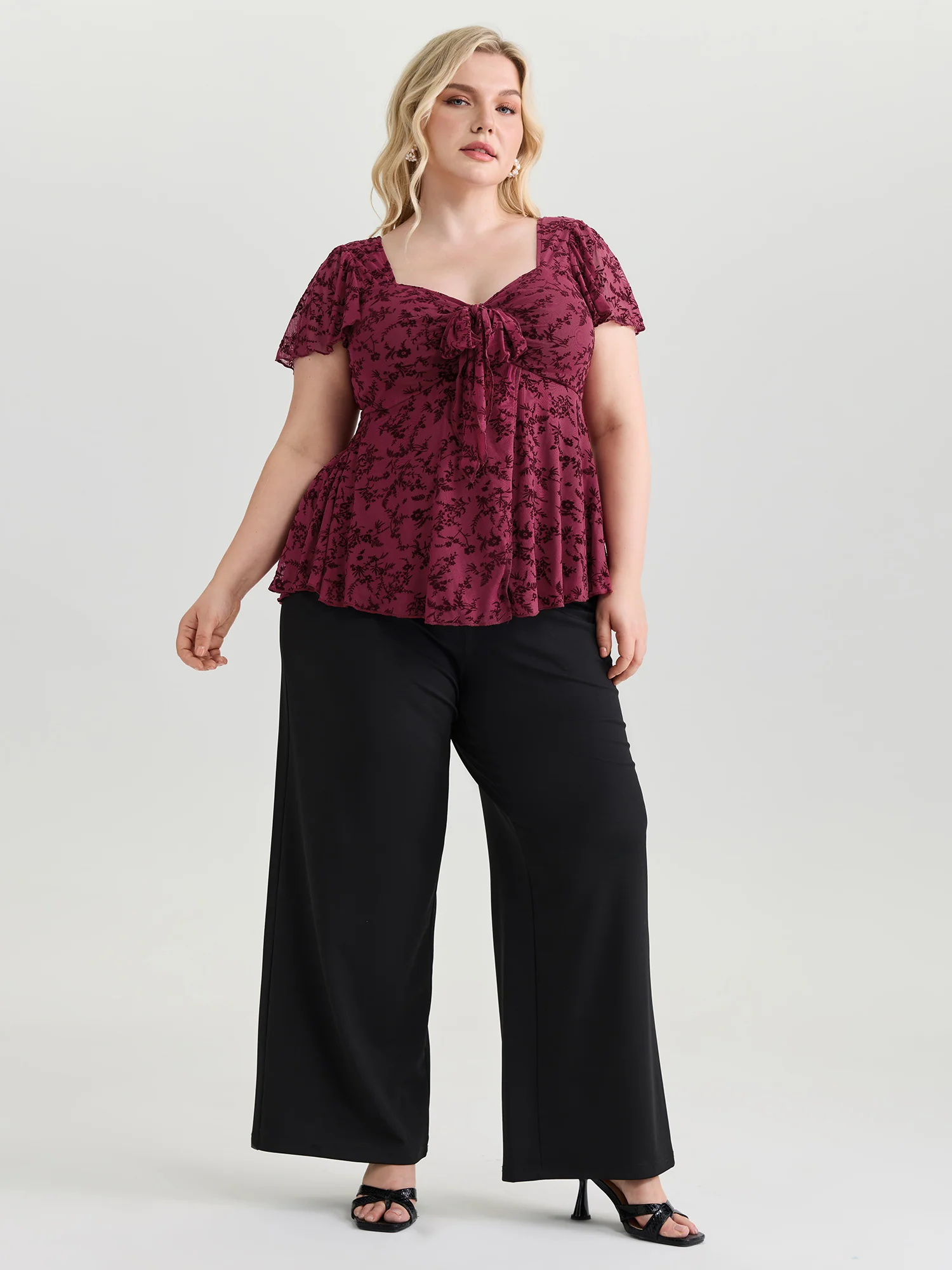 Floral Flocked Mesh Knotted Front Top - Image 3