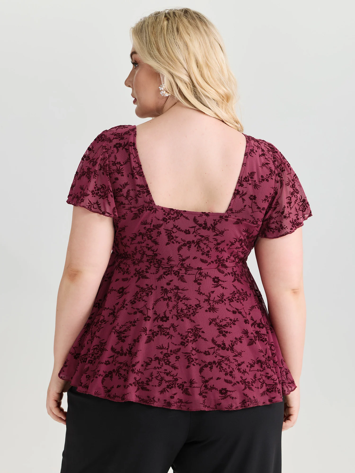Floral Flocked Mesh Knotted Front Top - Image 4