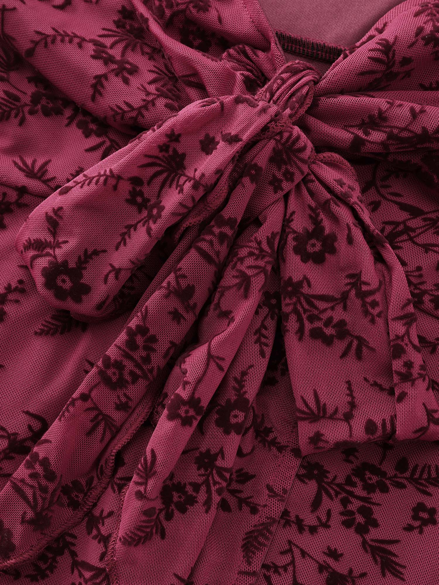 Floral Flocked Mesh Knotted Front Top - Image 5