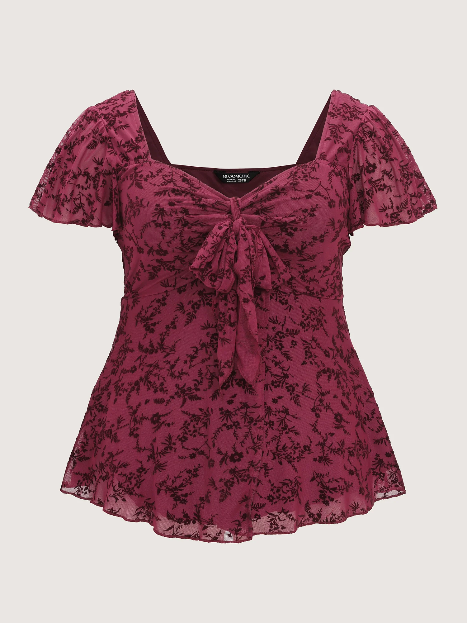 Floral Flocked Mesh Knotted Front Top - Image 7
