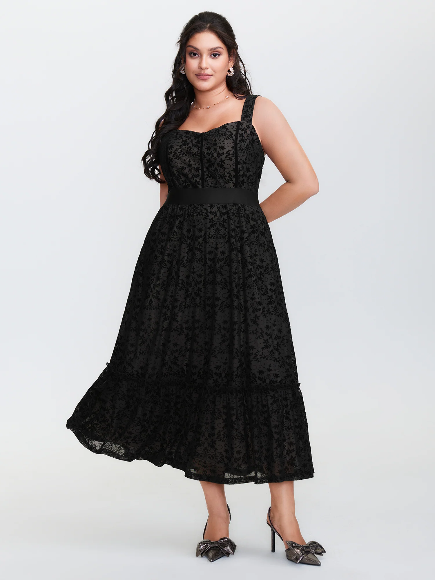 Floral Flocked Shirred Mesh Maxi Dress