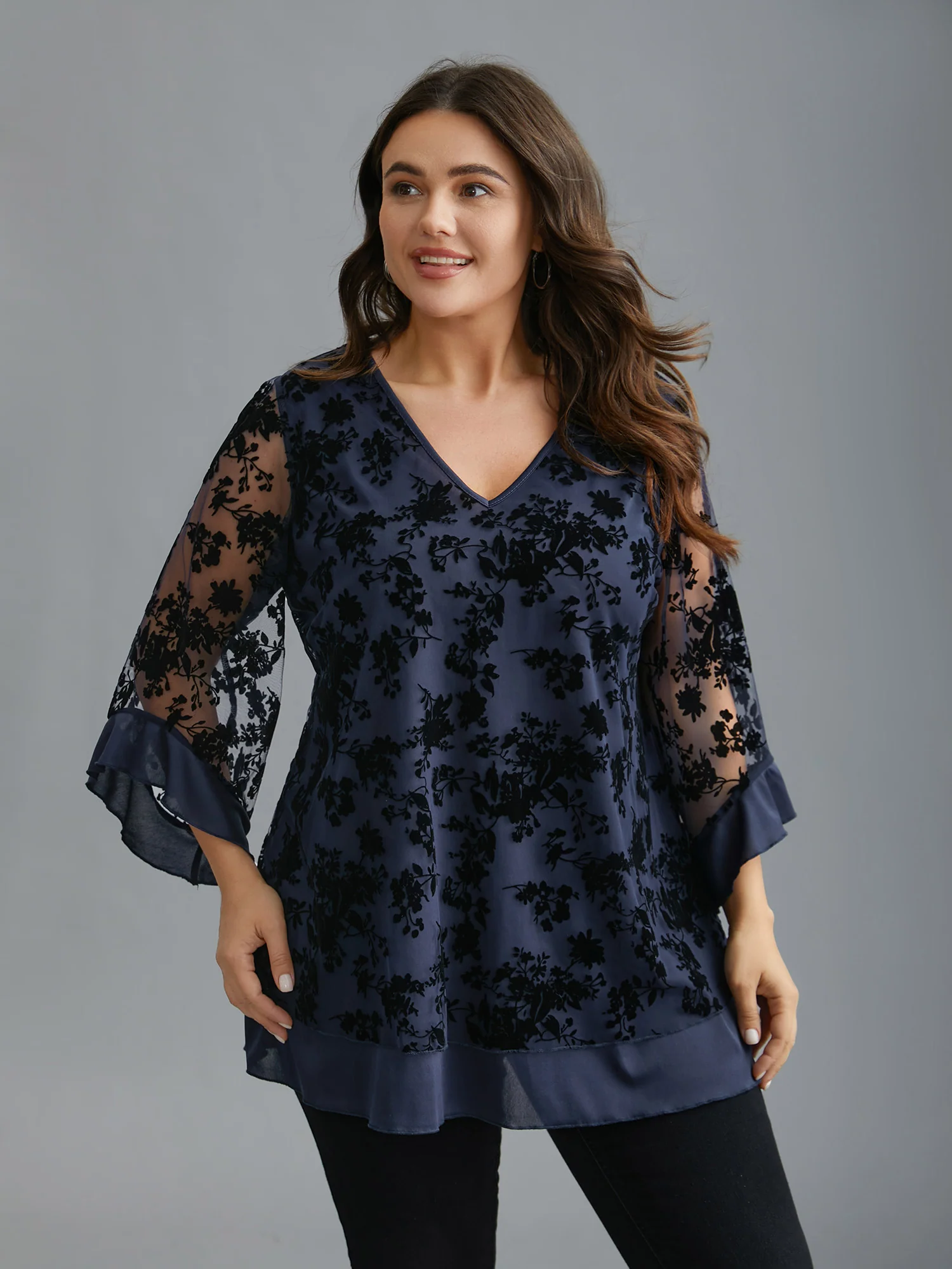 Floral Flocking Mesh Asymmetrical Hem Blouse
