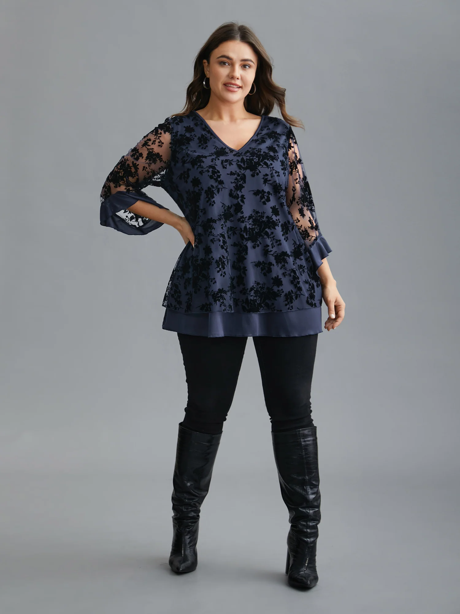 Floral Flocking Mesh Asymmetrical Hem Blouse - Image 2