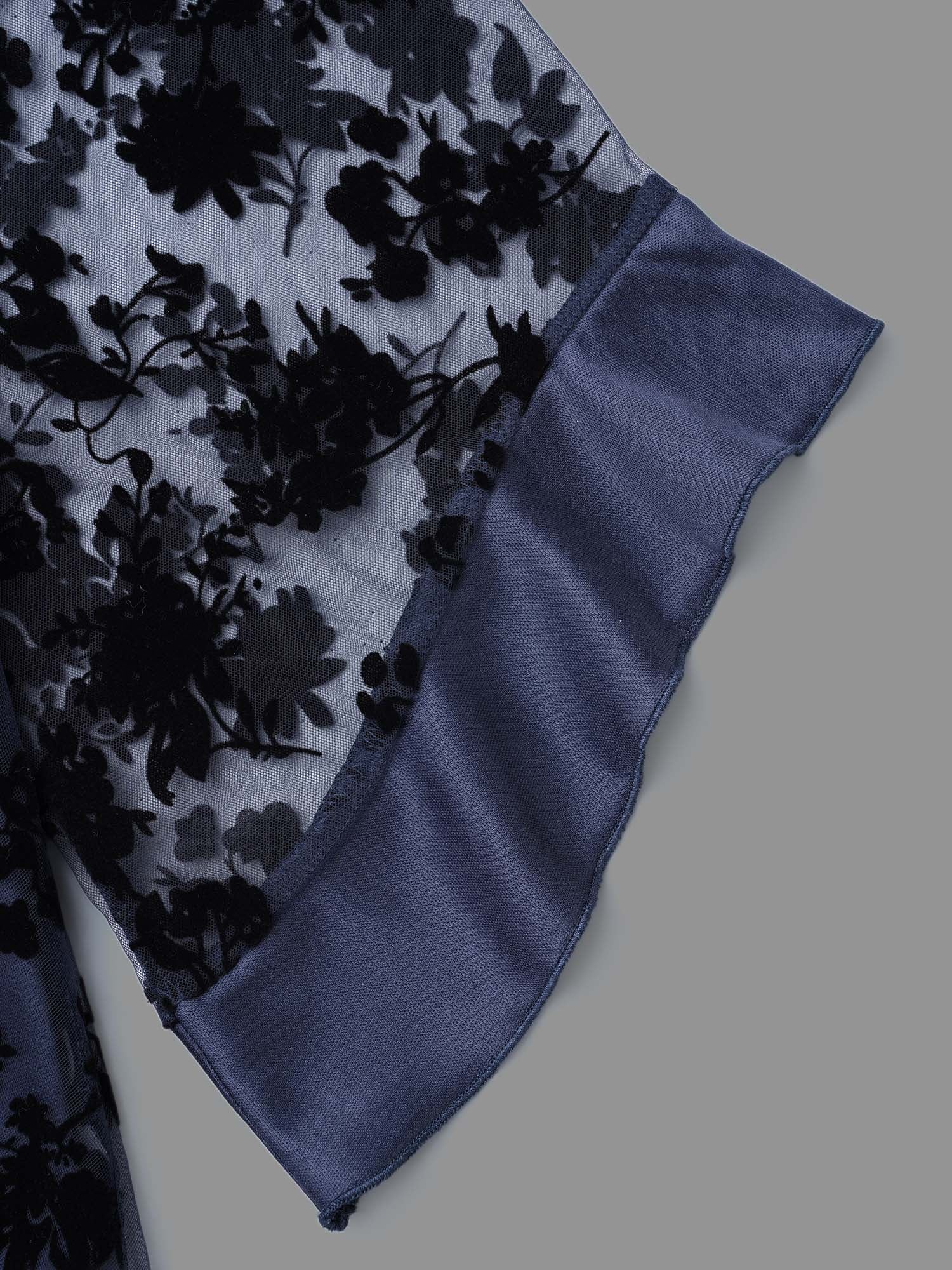 Floral Flocking Mesh Asymmetrical Hem Blouse - Image 6