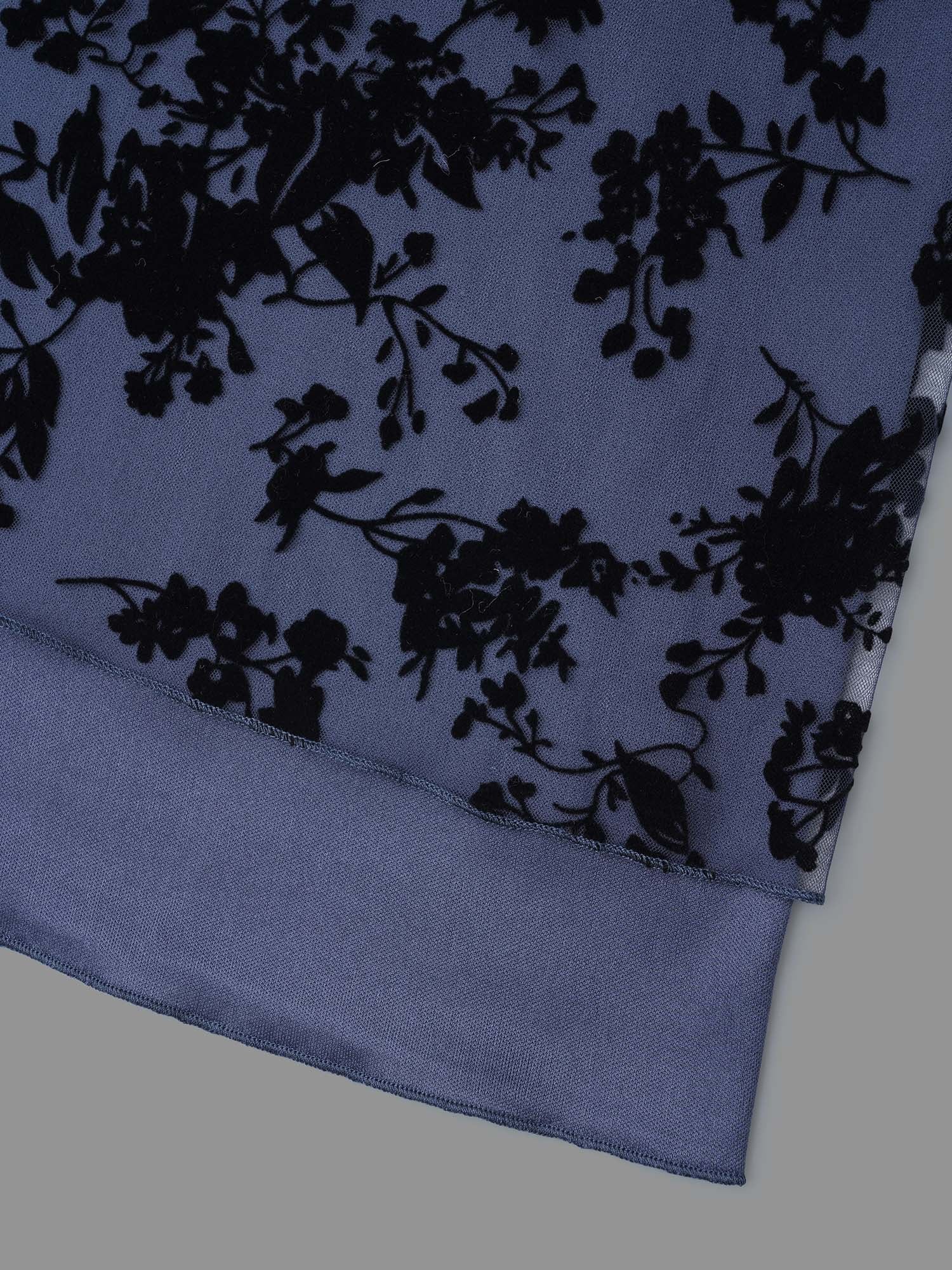 Floral Flocking Mesh Asymmetrical Hem Blouse - Image 7