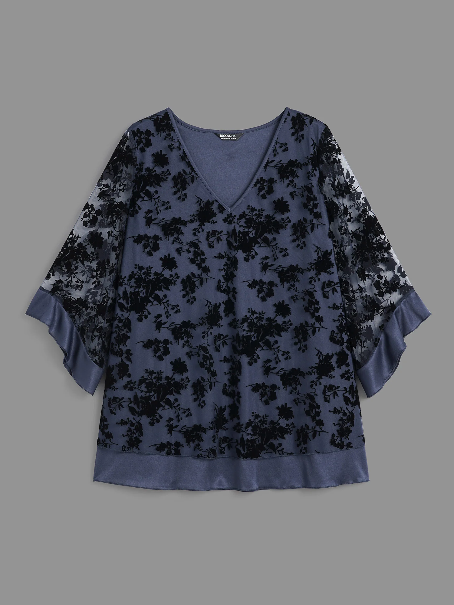 Floral Flocking Mesh Asymmetrical Hem Blouse - Image 8