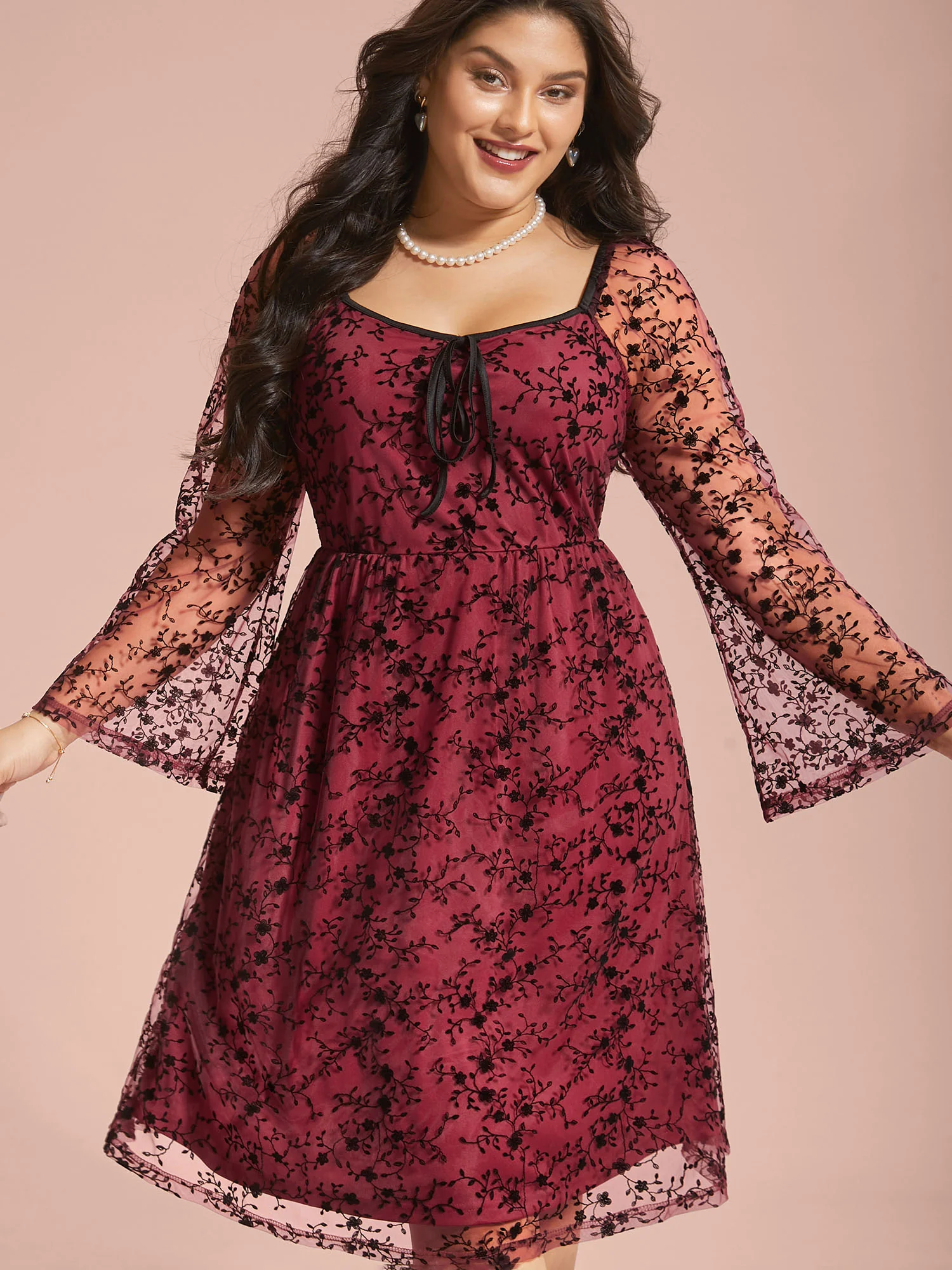 Floral Patchwork Mesh Neck-Tie Midi Dress - Image 2