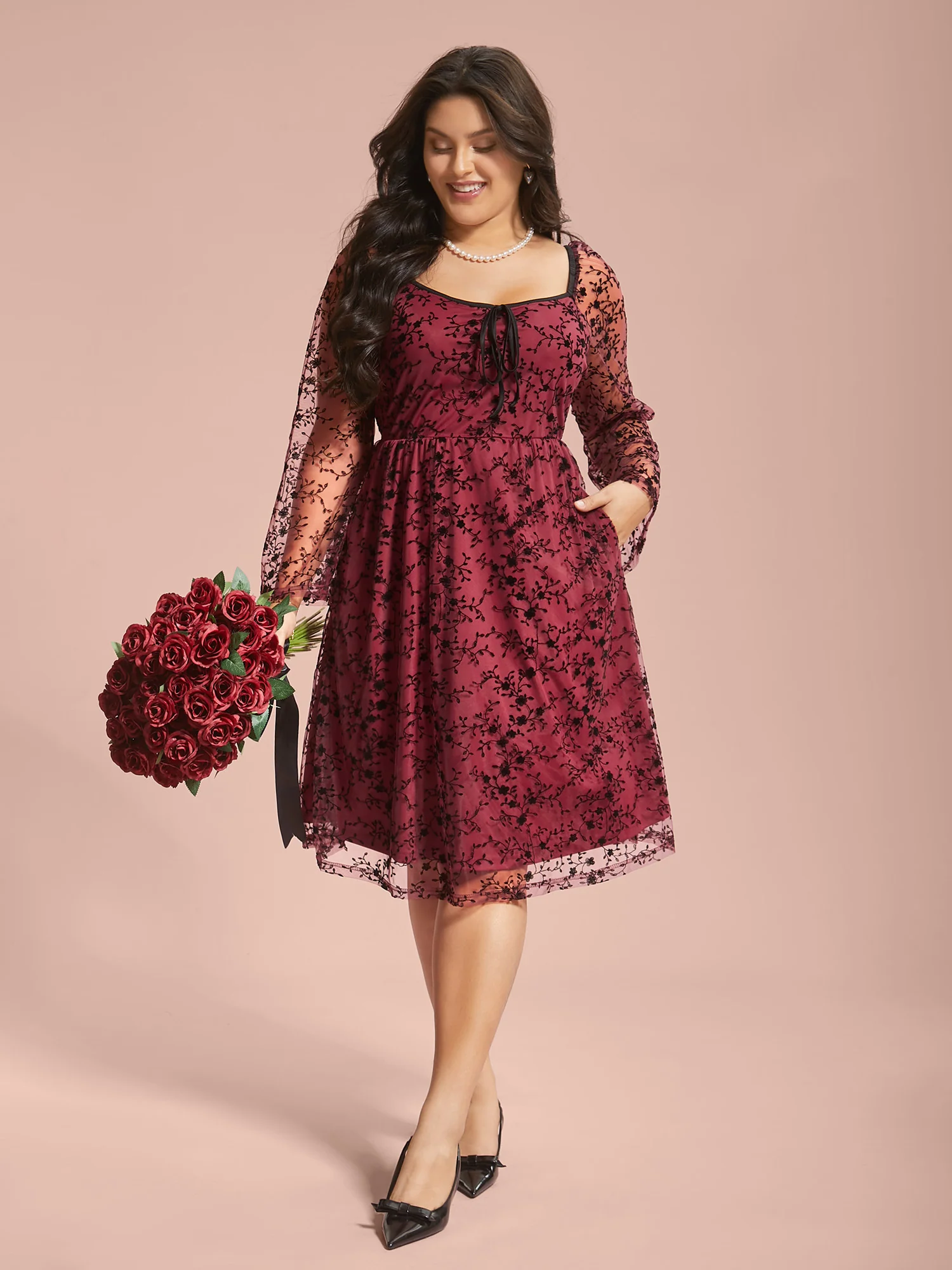 Floral Patchwork Mesh Neck-Tie Midi Dress - Image 3