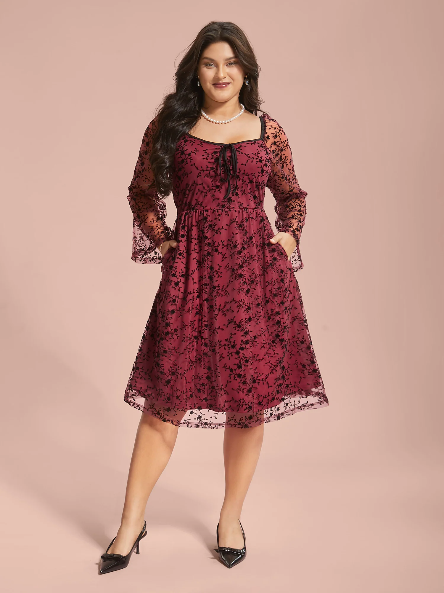 Floral Patchwork Mesh Neck-Tie Midi Dress - Image 4