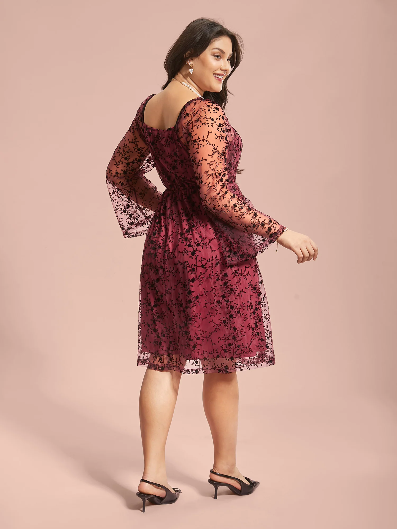 Floral Patchwork Mesh Neck-Tie Midi Dress - Image 5