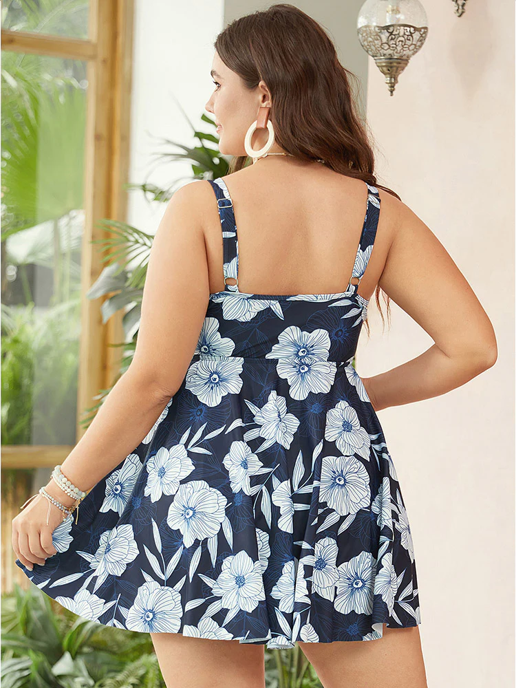 Floral Flutter Hem Mesh Patchwork Swim Dress - Image 2