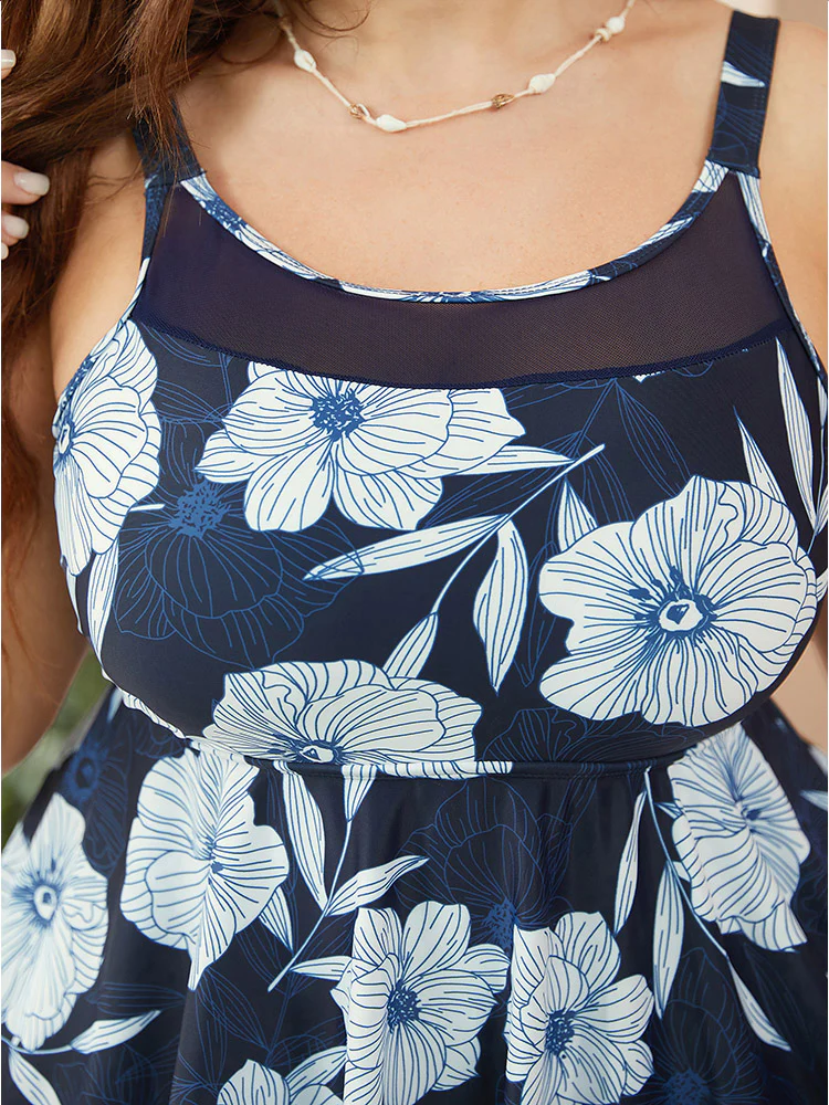 Floral Flutter Hem Mesh Patchwork Swim Dress - Image 7