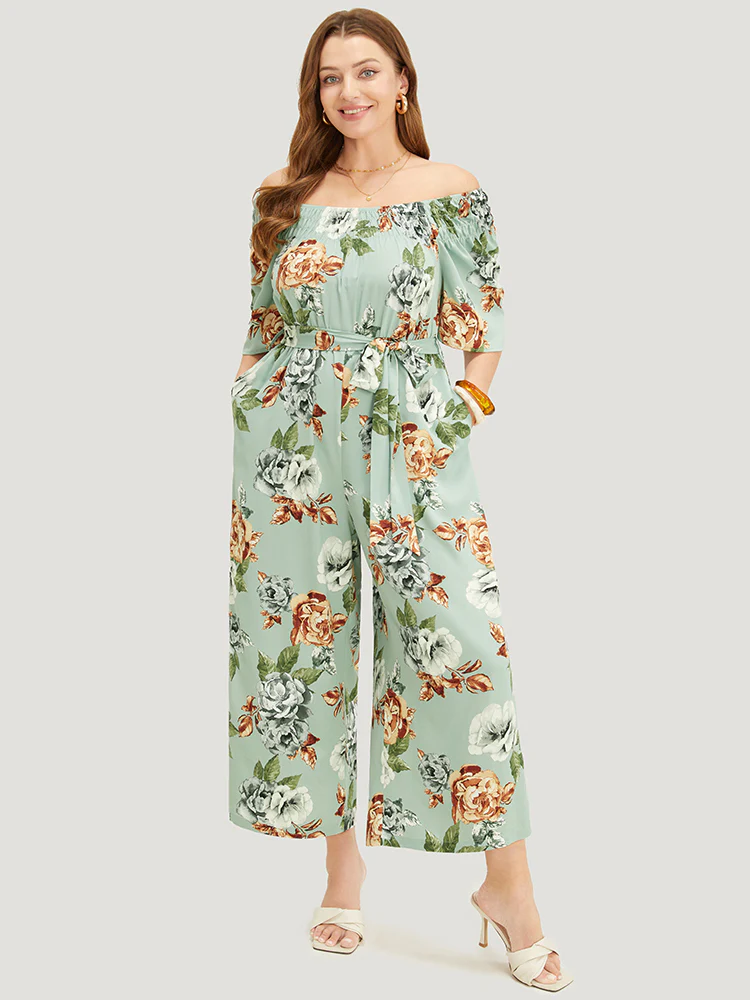 Floral Flutter Sleeve Gathered Belt Pocket Jumpsuit - Image 2