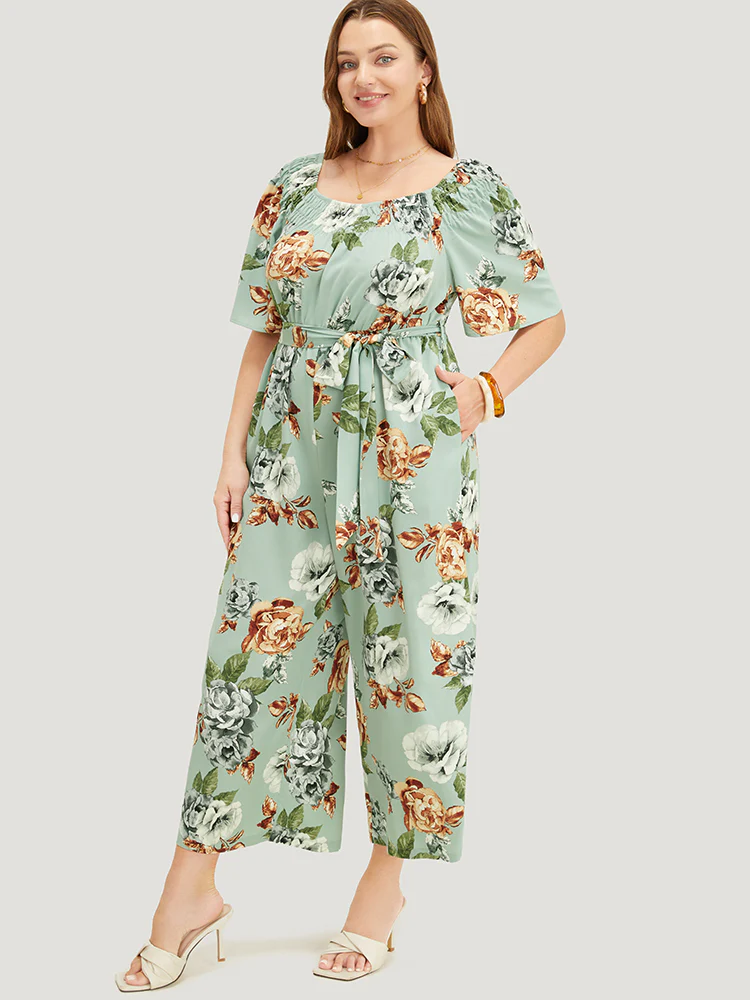 Floral Flutter Sleeve Gathered Belt Pocket Jumpsuit - Image 3