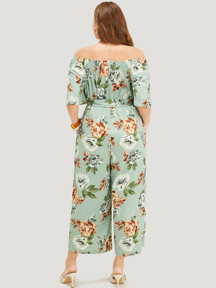 Floral Flutter Sleeve Gathered Belt Pocket Jumpsuit - Image 4