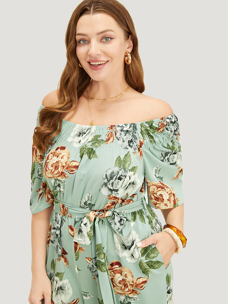 Floral Flutter Sleeve Gathered Belt Pocket Jumpsuit - Image 5