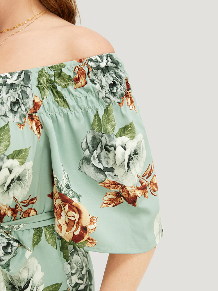Floral Flutter Sleeve Gathered Belt Pocket Jumpsuit - Image 6