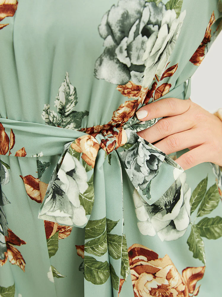 Floral Flutter Sleeve Gathered Belt Pocket Jumpsuit - Image 7