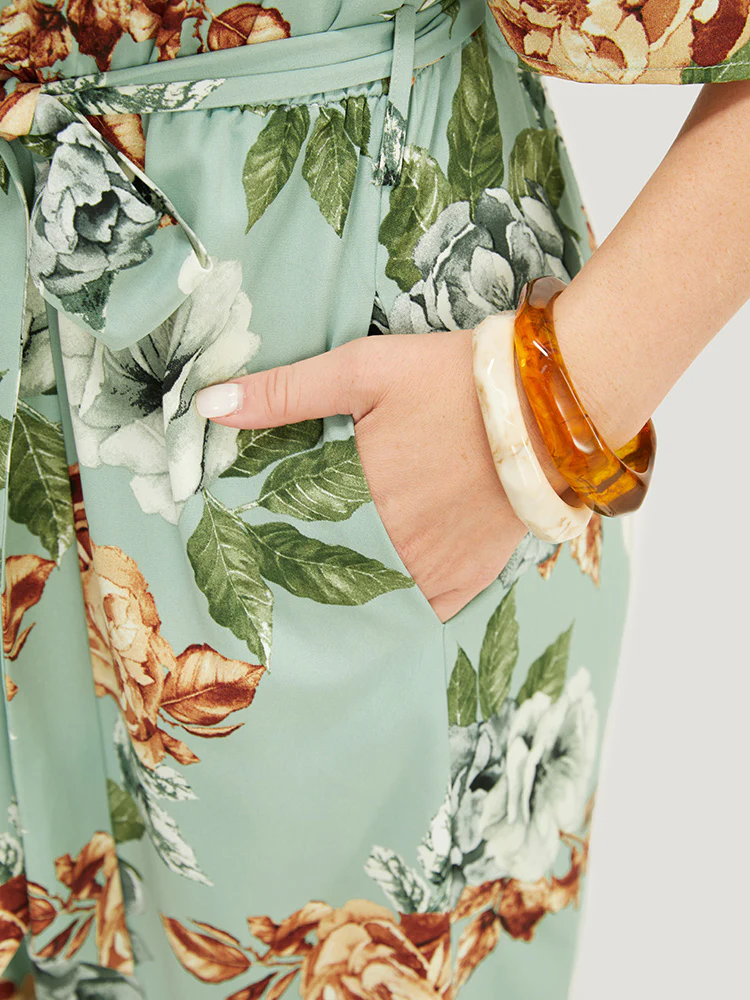 Floral Flutter Sleeve Gathered Belt Pocket Jumpsuit - Image 8
