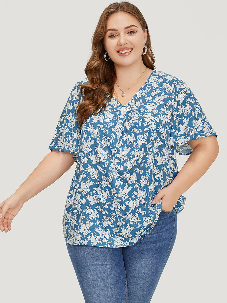 Floral Flutter Sleeve Gathered Blouse - Image 2