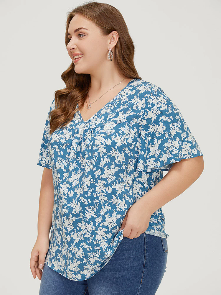 Floral Flutter Sleeve Gathered Blouse - Image 3