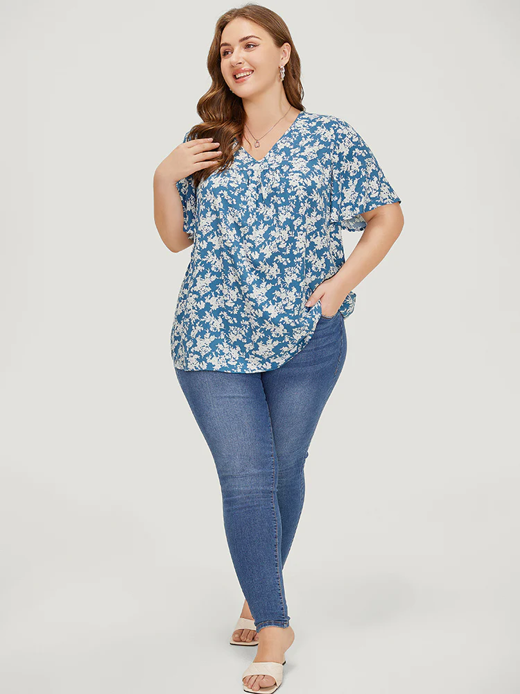Floral Flutter Sleeve Gathered Blouse - Image 5