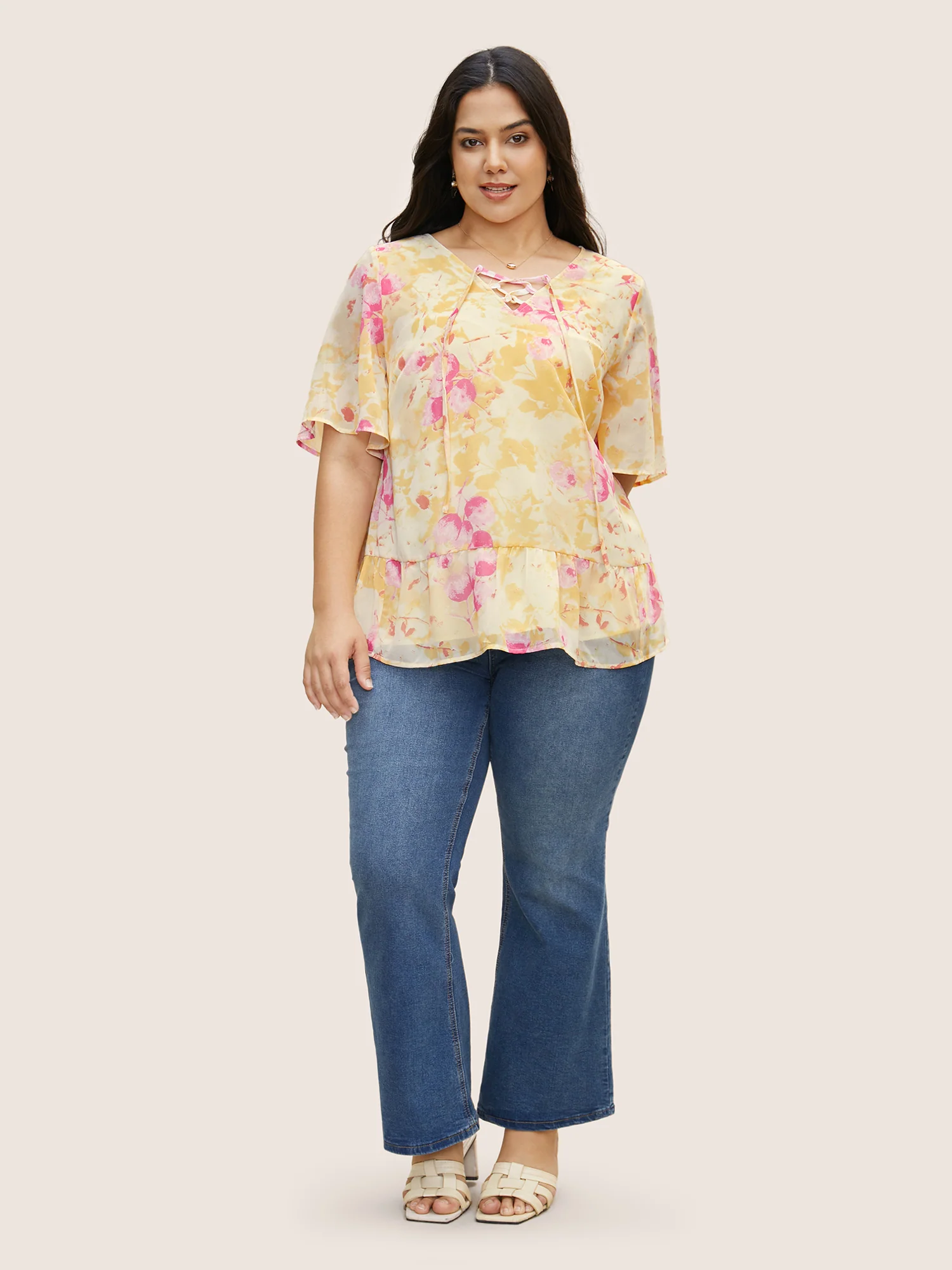 Floral Flutter Sleeve Lace Up Blouse - Image 2