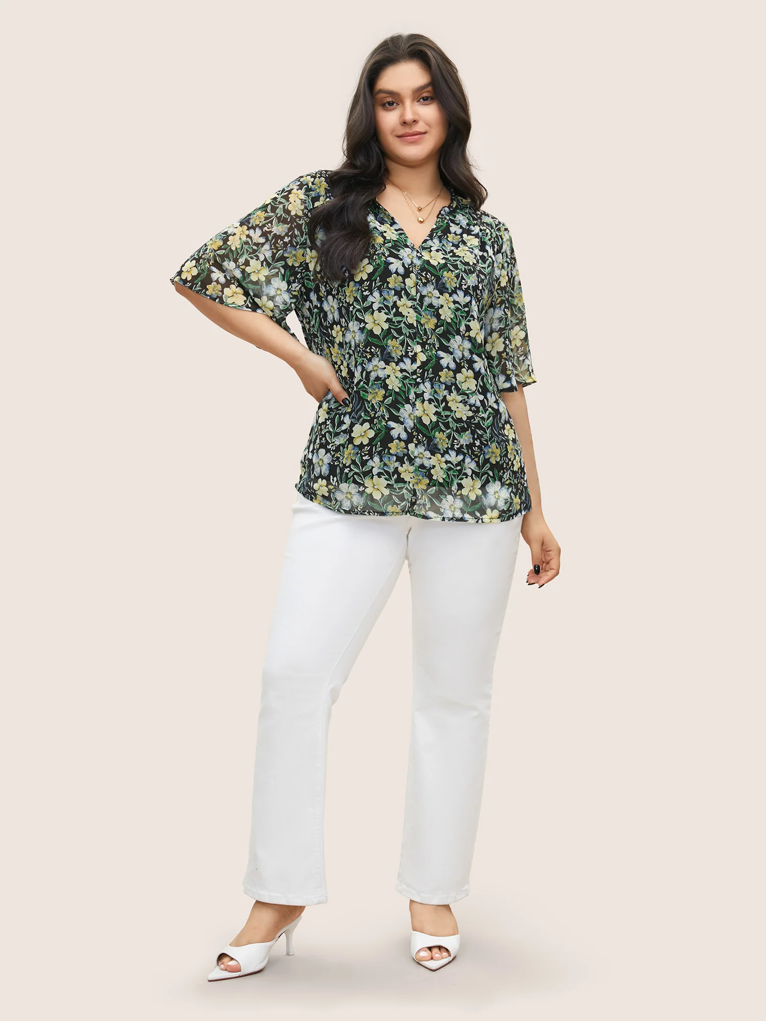 Floral Frill Trim Flutter Sleeve Blouse - Image 2