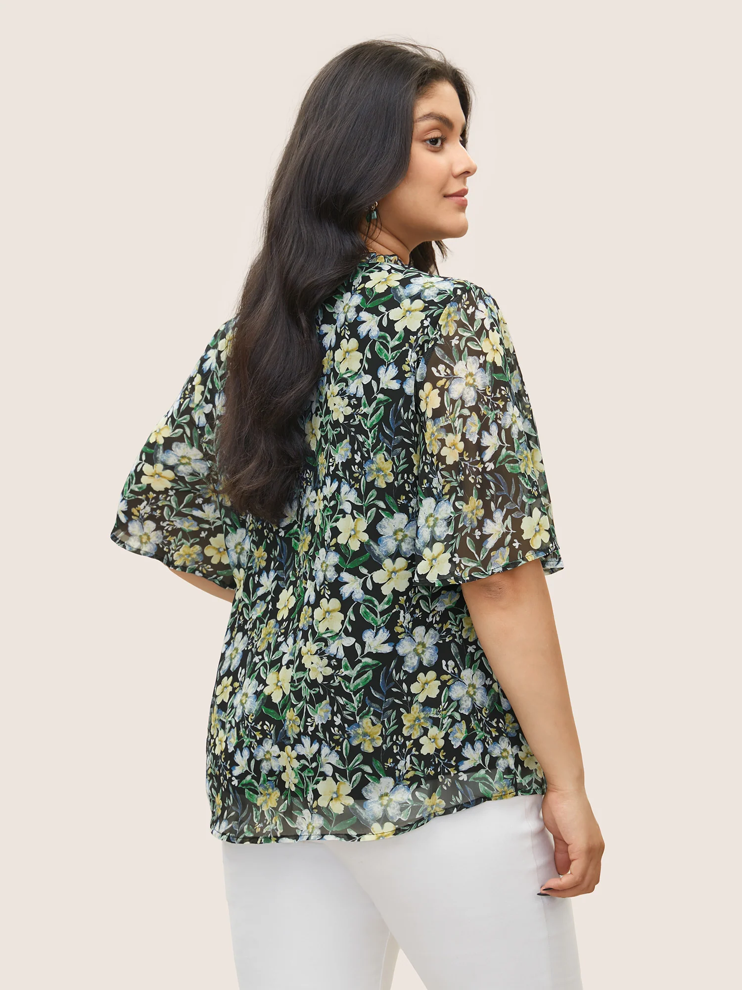 Floral Frill Trim Flutter Sleeve Blouse - Image 4