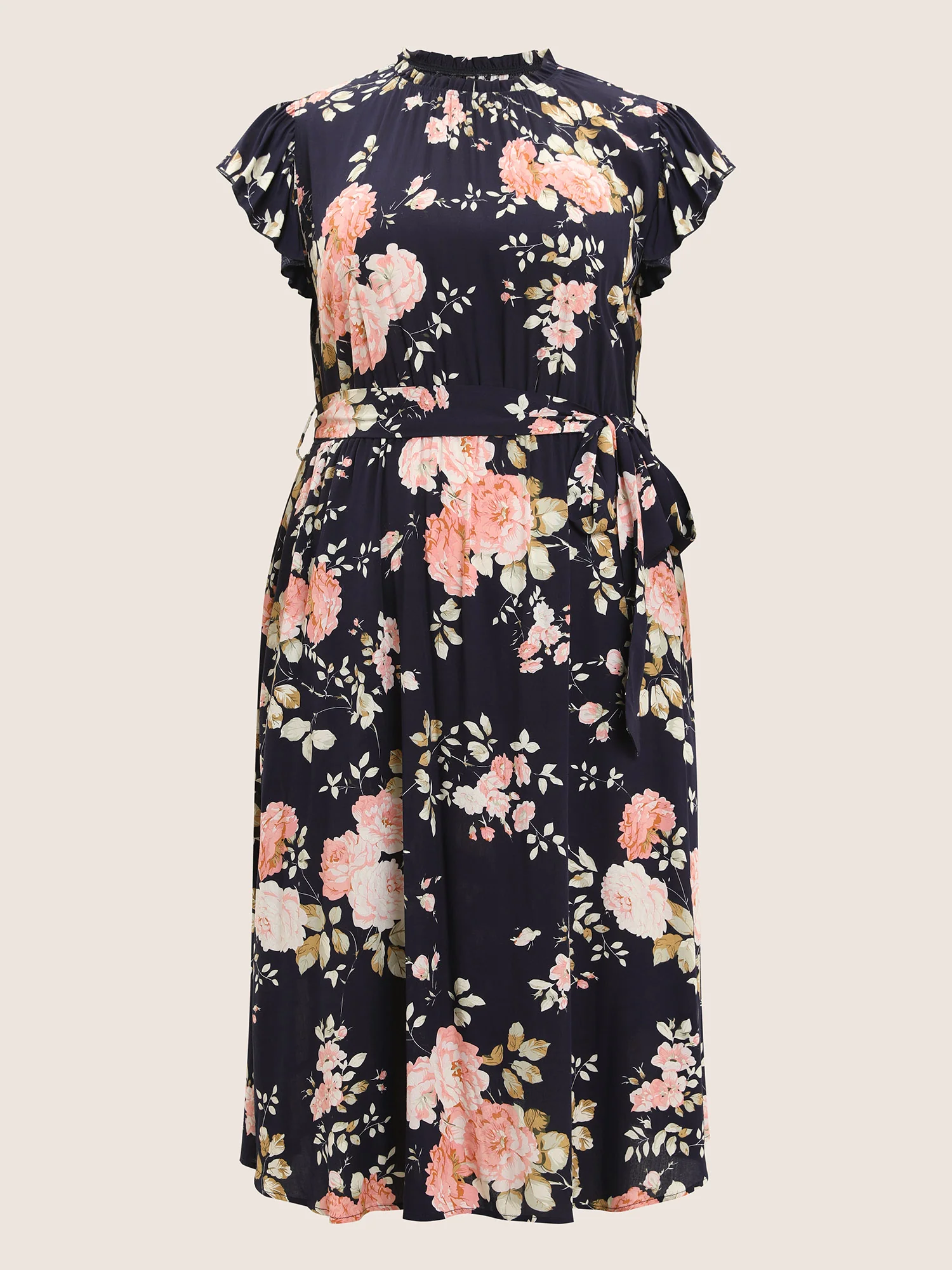 Floral Frill Trim Mock Neck Pocket Ruffle Belted Cap Sleeve Dress - Image 10