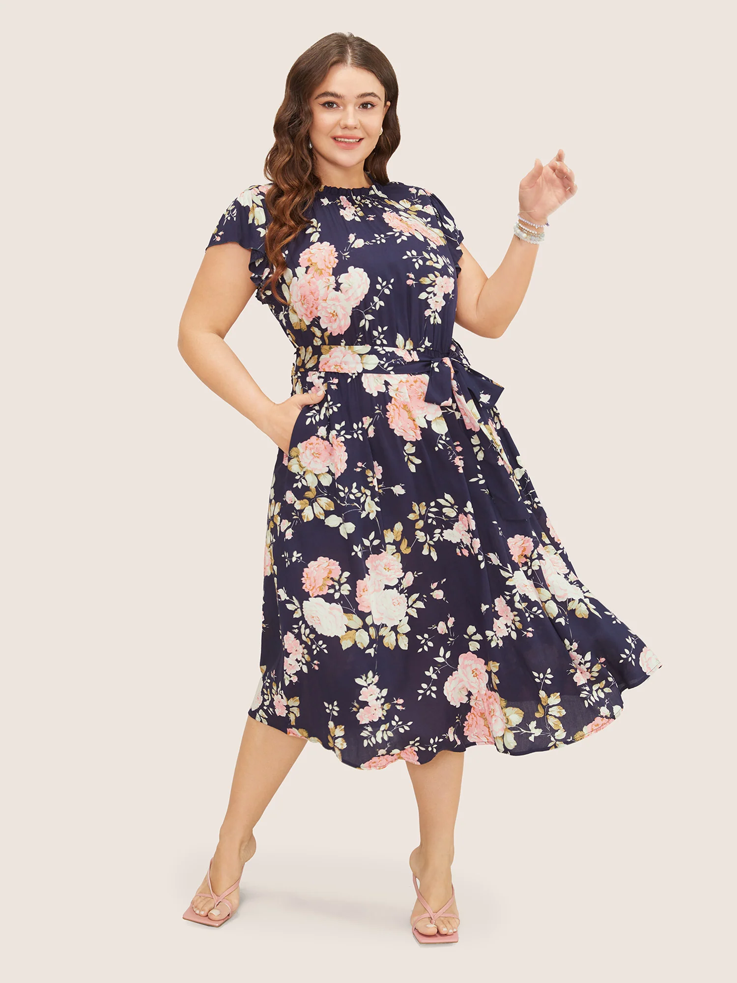Floral Frill Trim Mock Neck Pocket Ruffle Belted Cap Sleeve Dress - Image 3