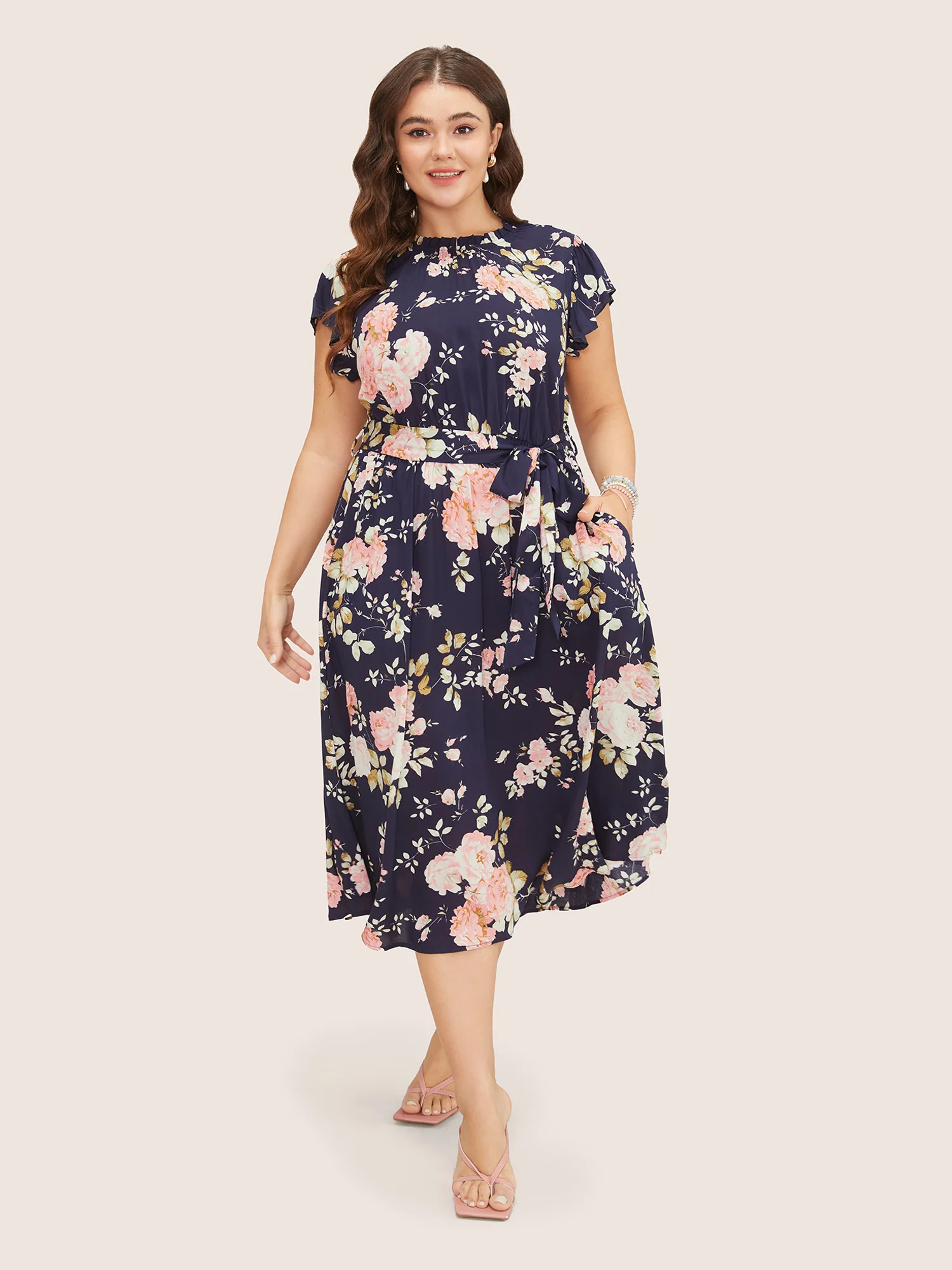 Floral Frill Trim Mock Neck Pocket Ruffle Belted Cap Sleeve Dress - Image 4
