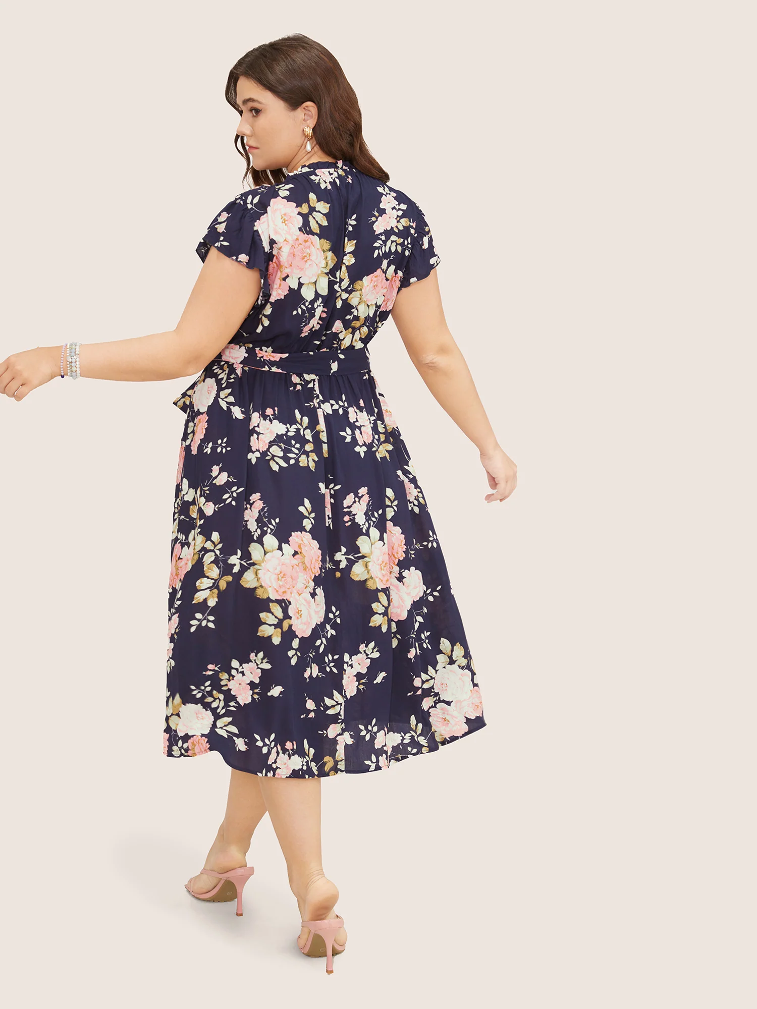 Floral Frill Trim Mock Neck Pocket Ruffle Belted Cap Sleeve Dress - Image 5