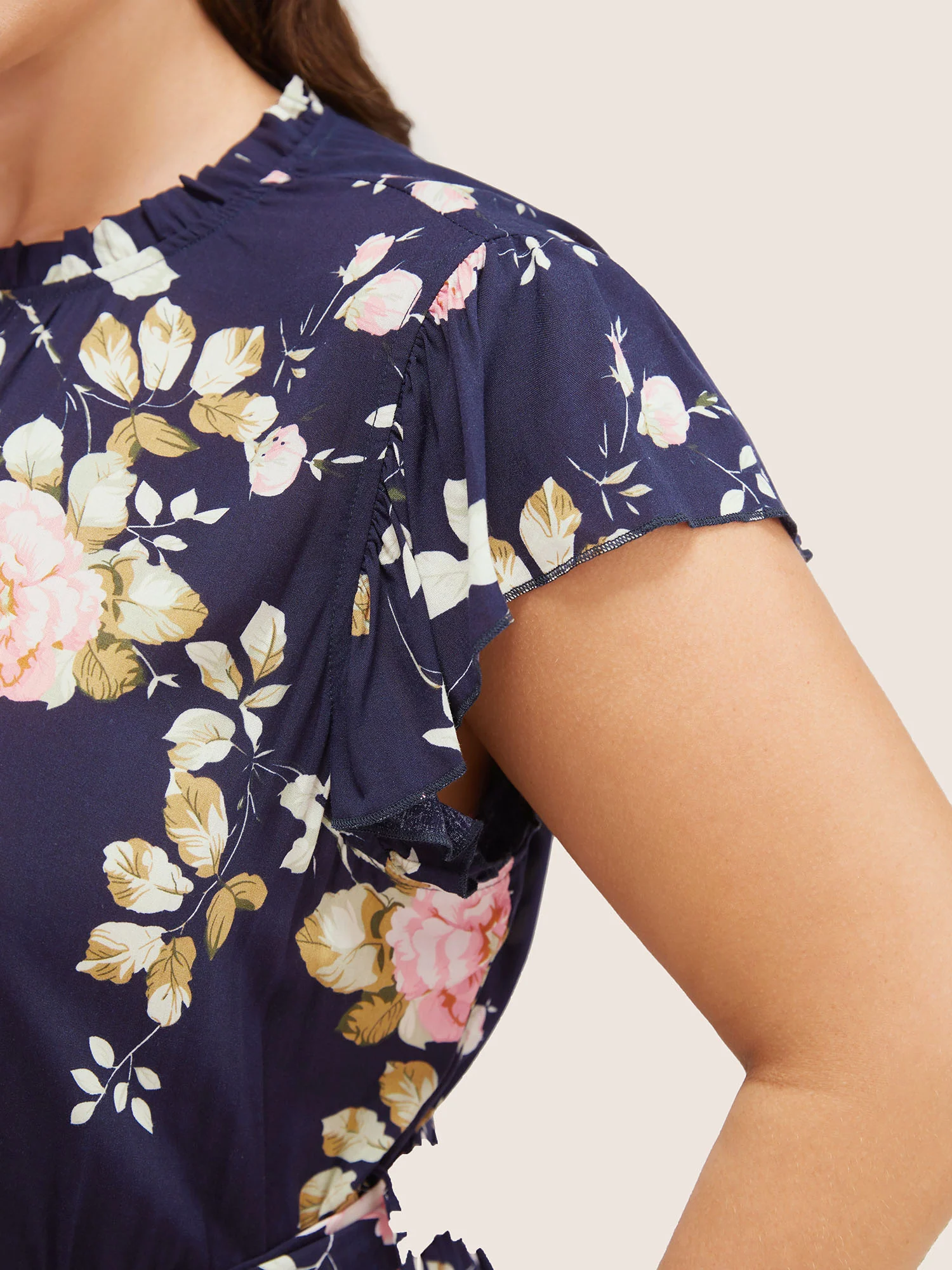 Floral Frill Trim Mock Neck Pocket Ruffle Belted Cap Sleeve Dress - Image 7