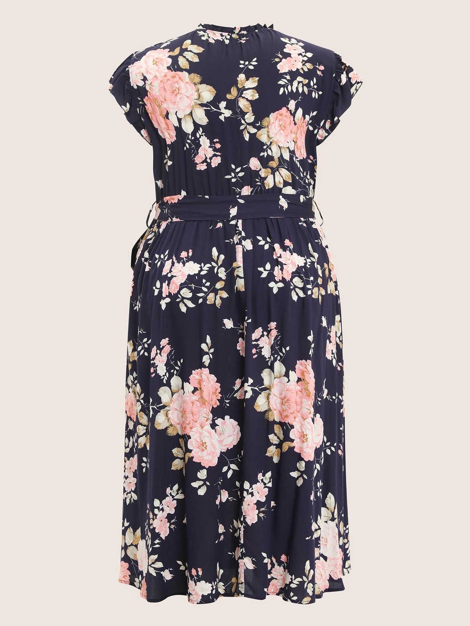 Floral Frill Trim Mock Neck Pocket Ruffle Belted Cap Sleeve Dress - Image 9
