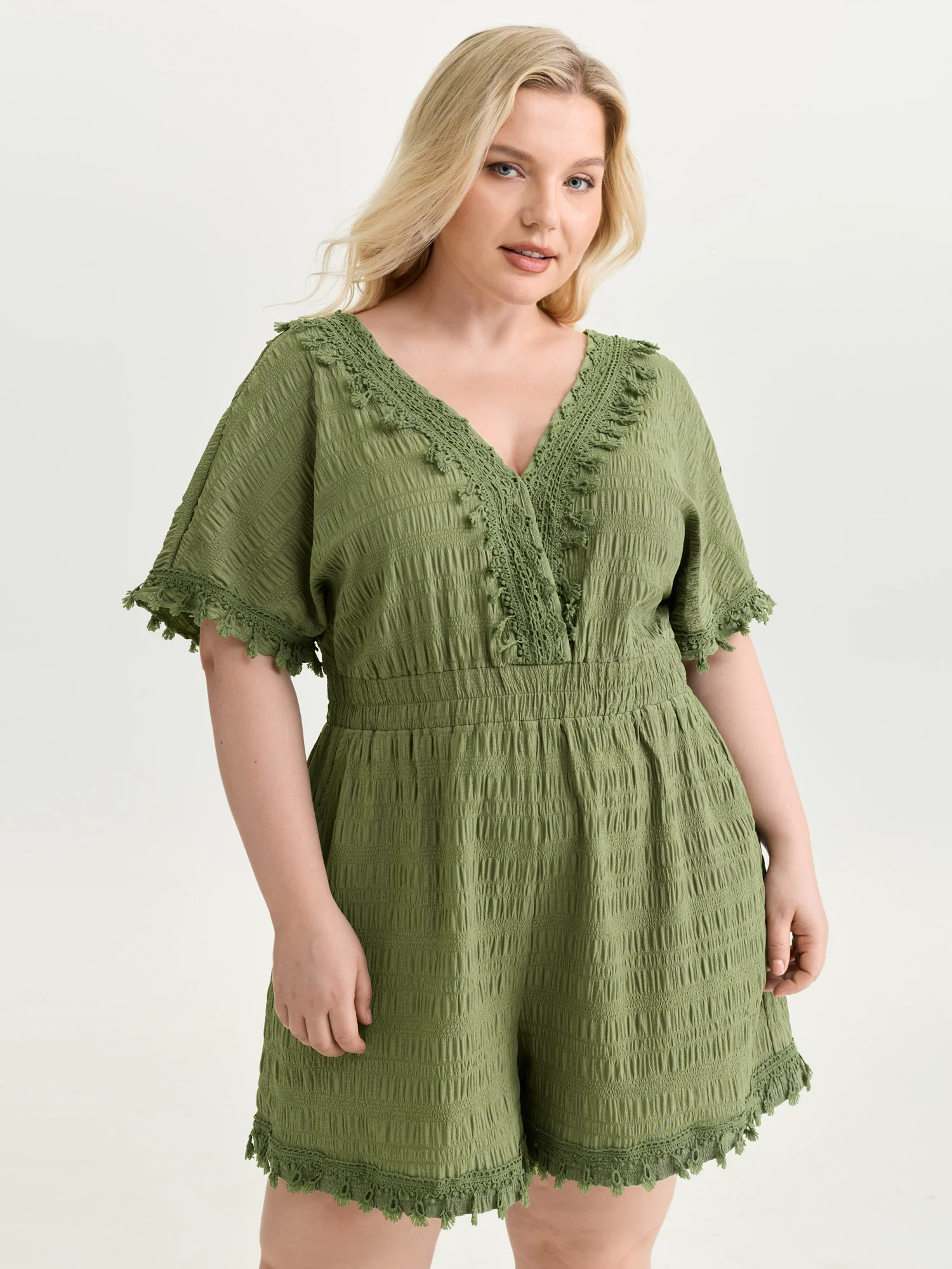 Floral Fringe Lace Neckline Romper