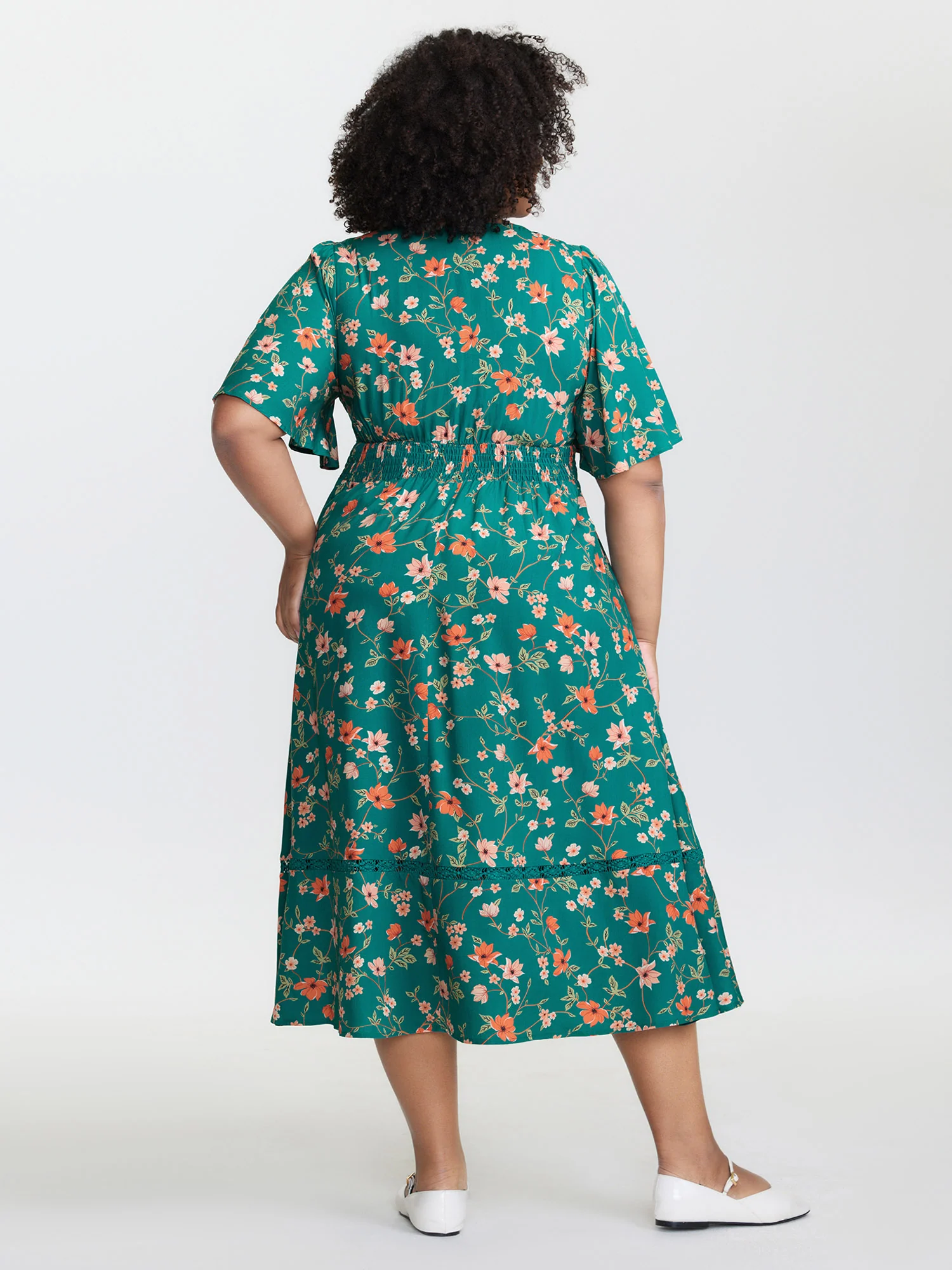Floral Fun Lace Trim Shirred Midi Dress - Image 4