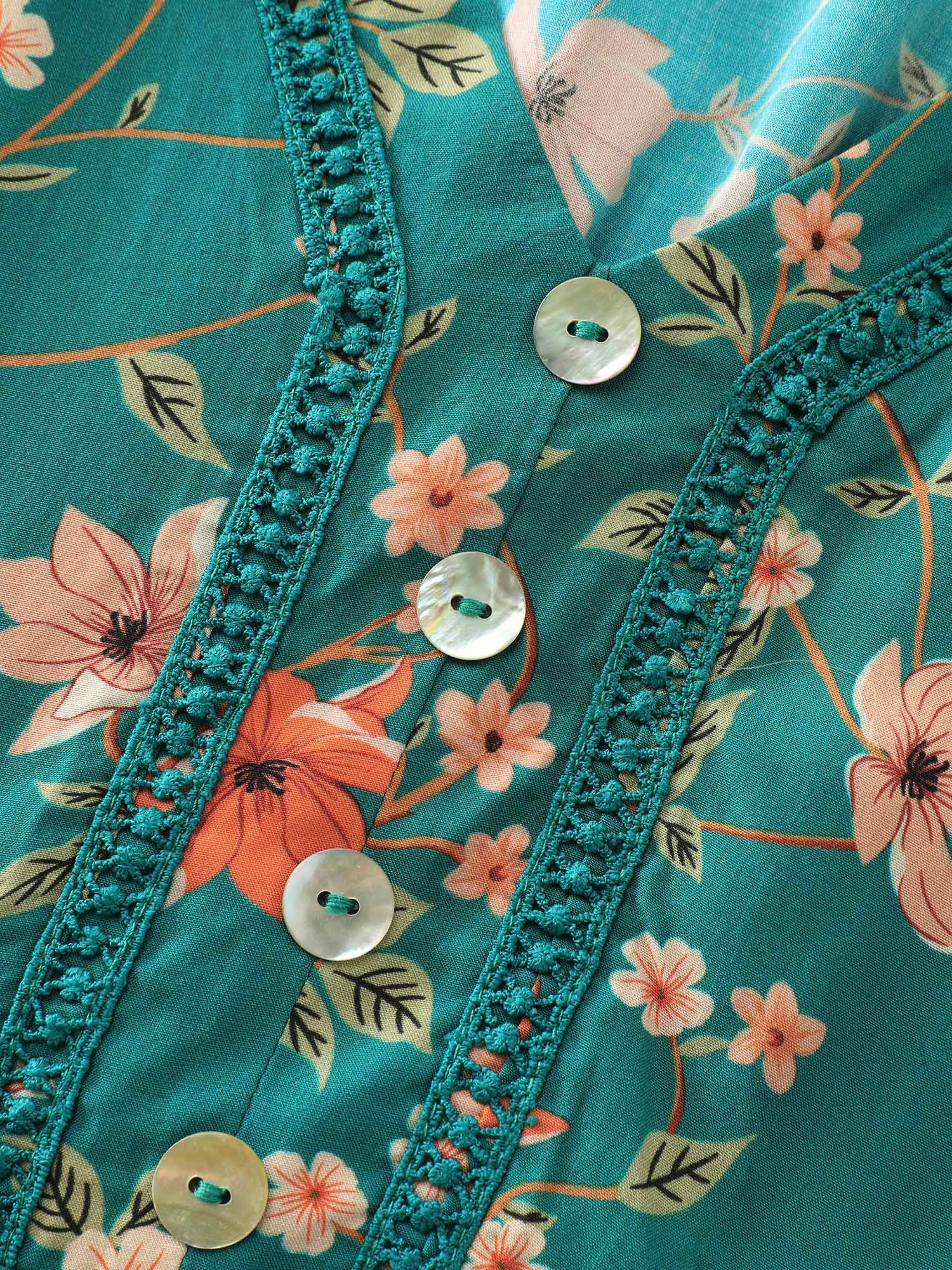 Floral Fun Lace Trim Shirred Midi Dress - Image 6