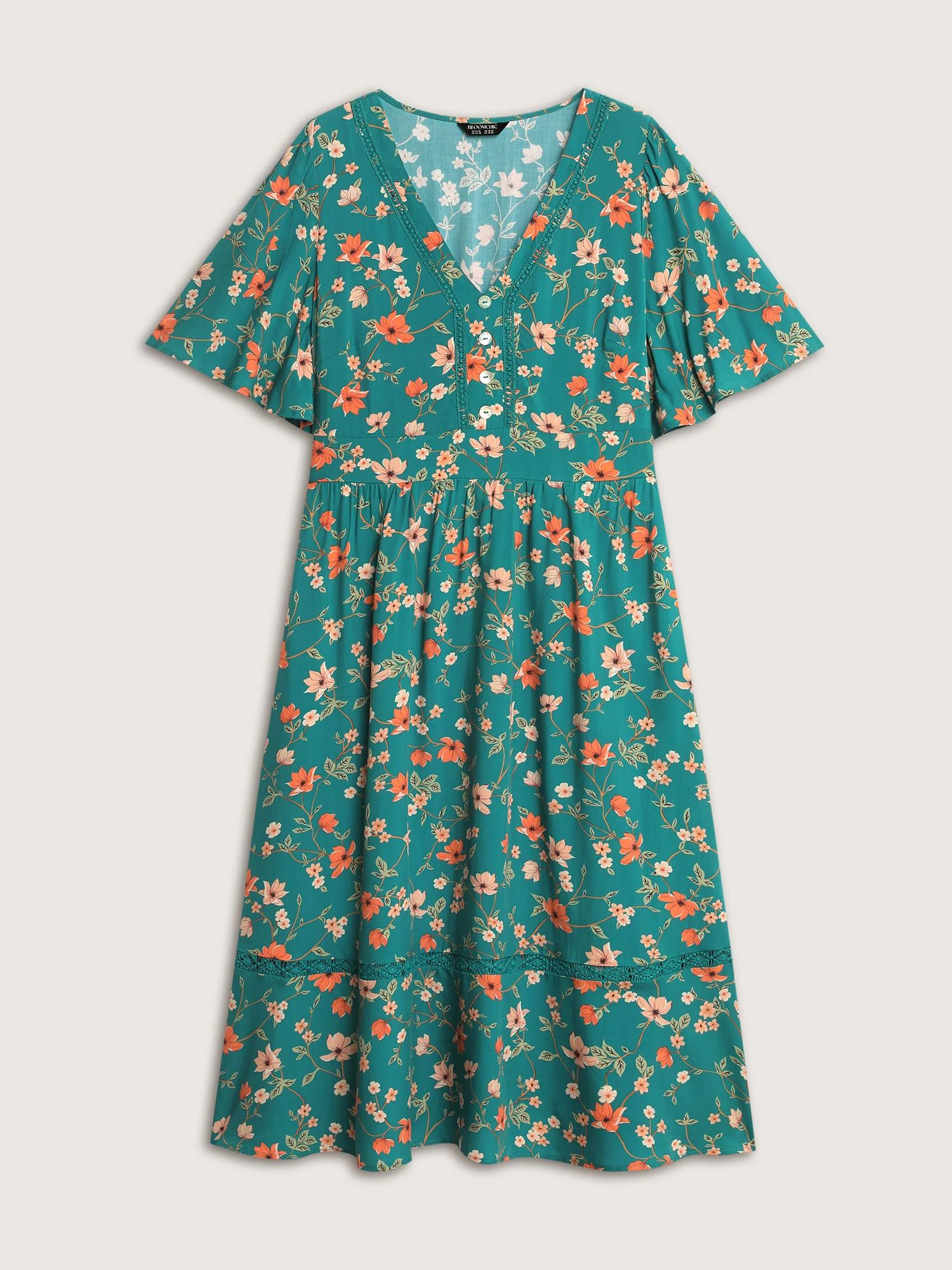 Floral Fun Lace Trim Shirred Midi Dress - Image 7