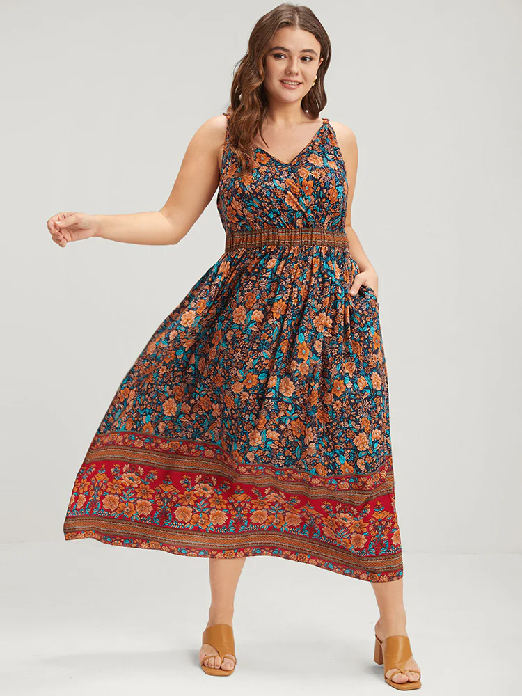 Floral Gathered Button Pocket Cami Maxi Dress - Image 2