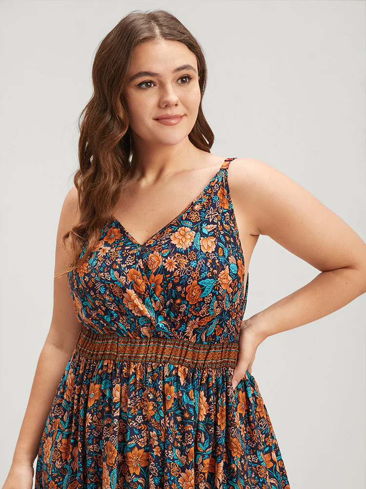 Floral Gathered Button Pocket Cami Maxi Dress - Image 4