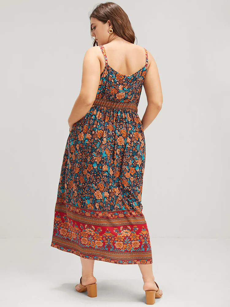 Floral Gathered Button Pocket Cami Maxi Dress - Image 6