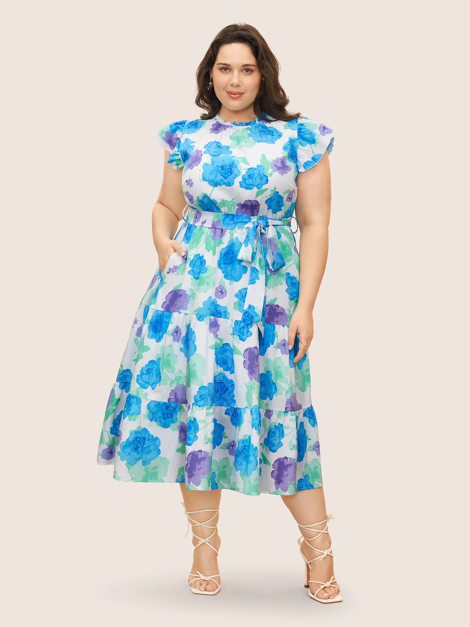 Floral Gathered Ruffle Cap Sleeve Belted Dress - Image 2